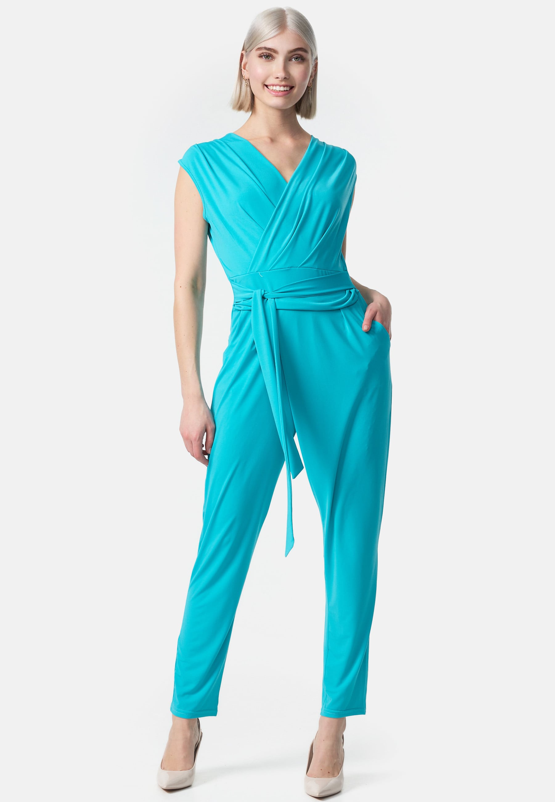 PM SELECTED Damen Overall Business Jumpsuit Wickeloptik mit Bindeg&uuml;rtel ohne &Auml;rmel in Einheitsgr&ouml;&szlig;e PM36 