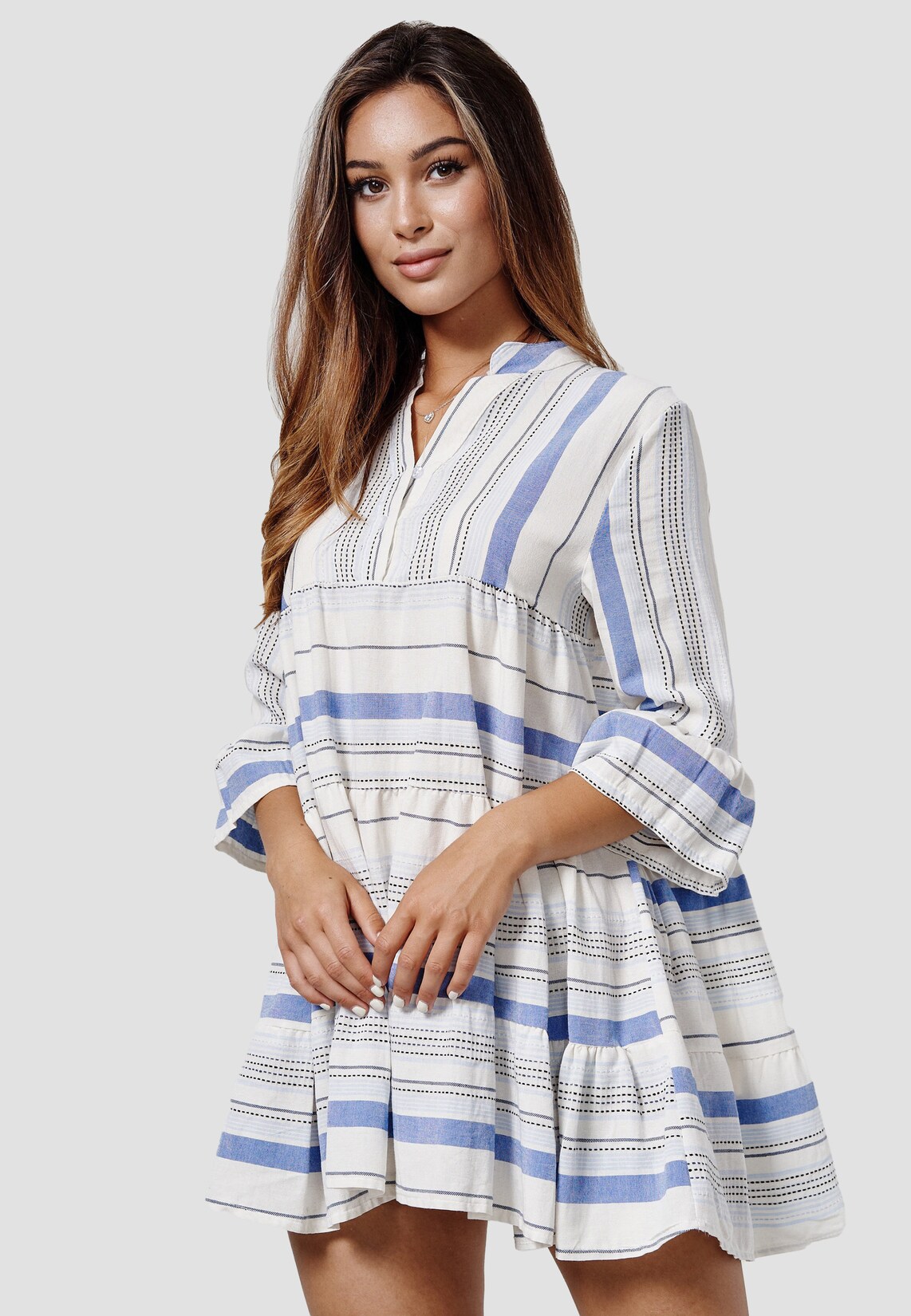 RAYSHYNE Damen Sommerkleid Modisches Tunika Hemdblusenkleid in Leinen Optik RS27