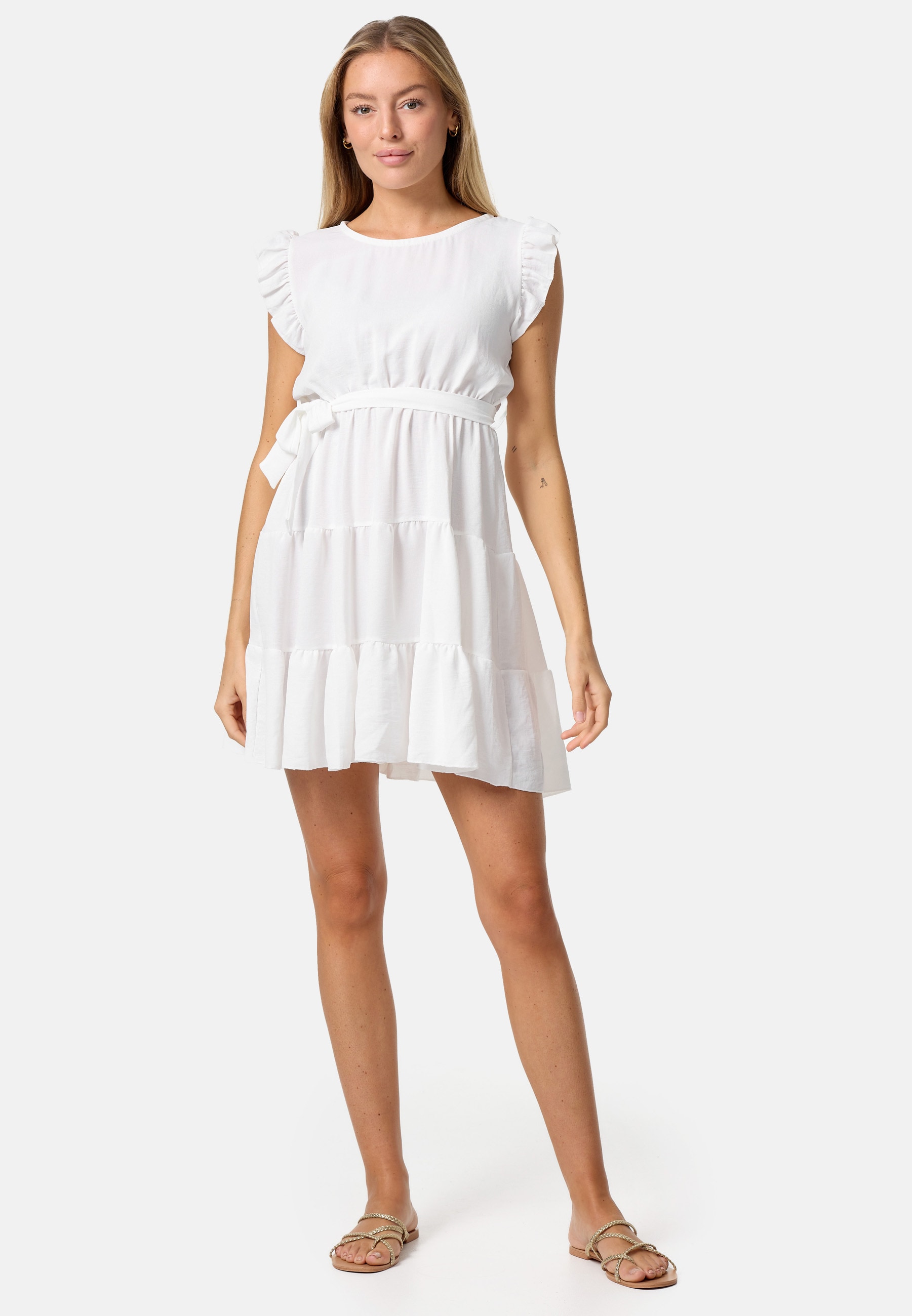 PM SELECTED Damen Minikleid Sommerkleid Midi Kleid mit R&uuml;schen in Einheitsgr&ouml;&szlig;e PM27 