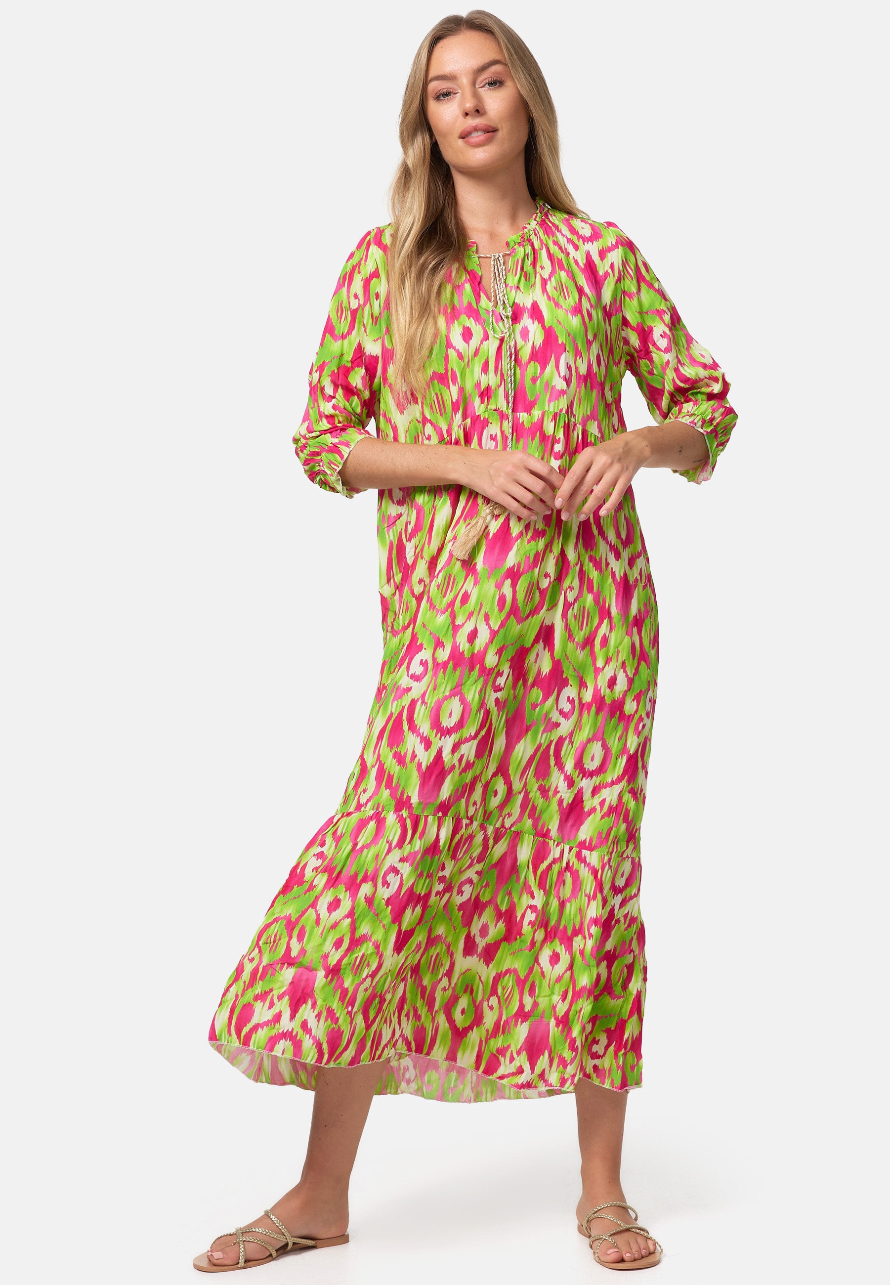 PM SELECTED Damen Maxikleid Sommerkleid Jersey Strandkleid mit Muster in Einheitsgr&ouml;&szlig;e PM37 