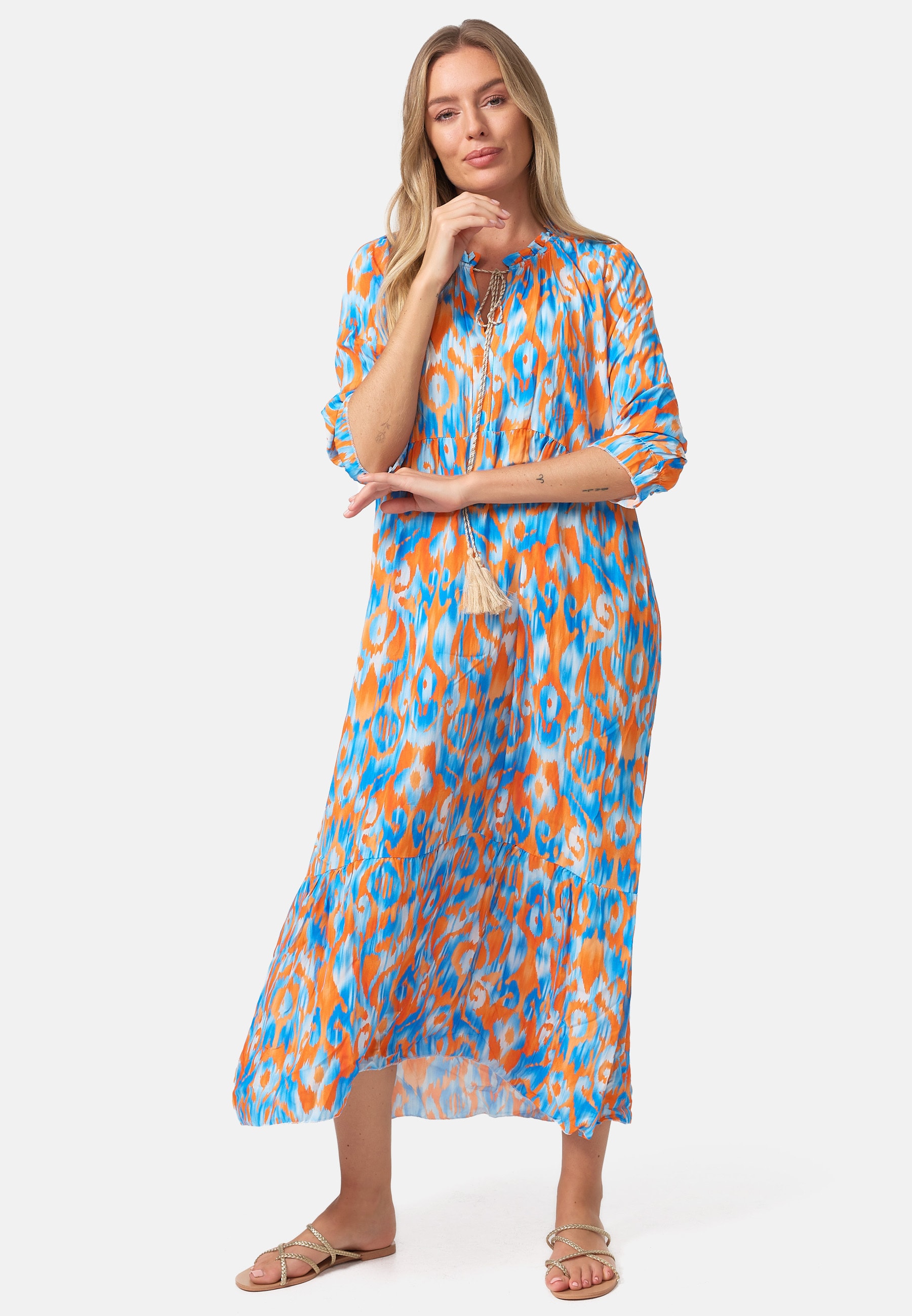 PM SELECTED Damen Maxikleid Sommerkleid Jersey Strandkleid mit Muster in Einheitsgr&ouml;&szlig;e PM37 