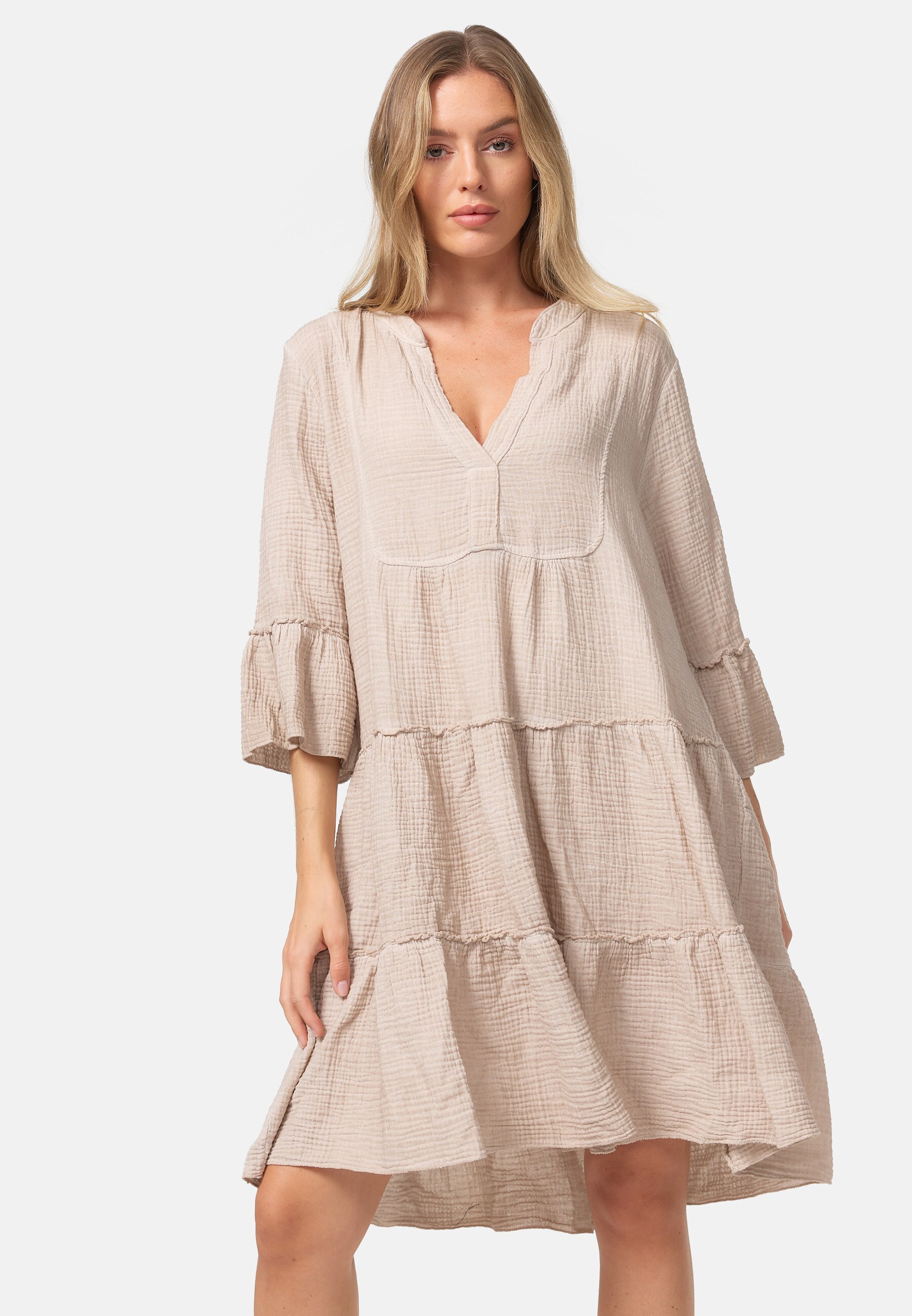 PM SELECTED Damen Leichtes Sommer Minikleid aus Musselin mit R&uuml;schen & 3/4 &Auml;rmel in Einheitsgr&ouml;&szlig;e PM39 