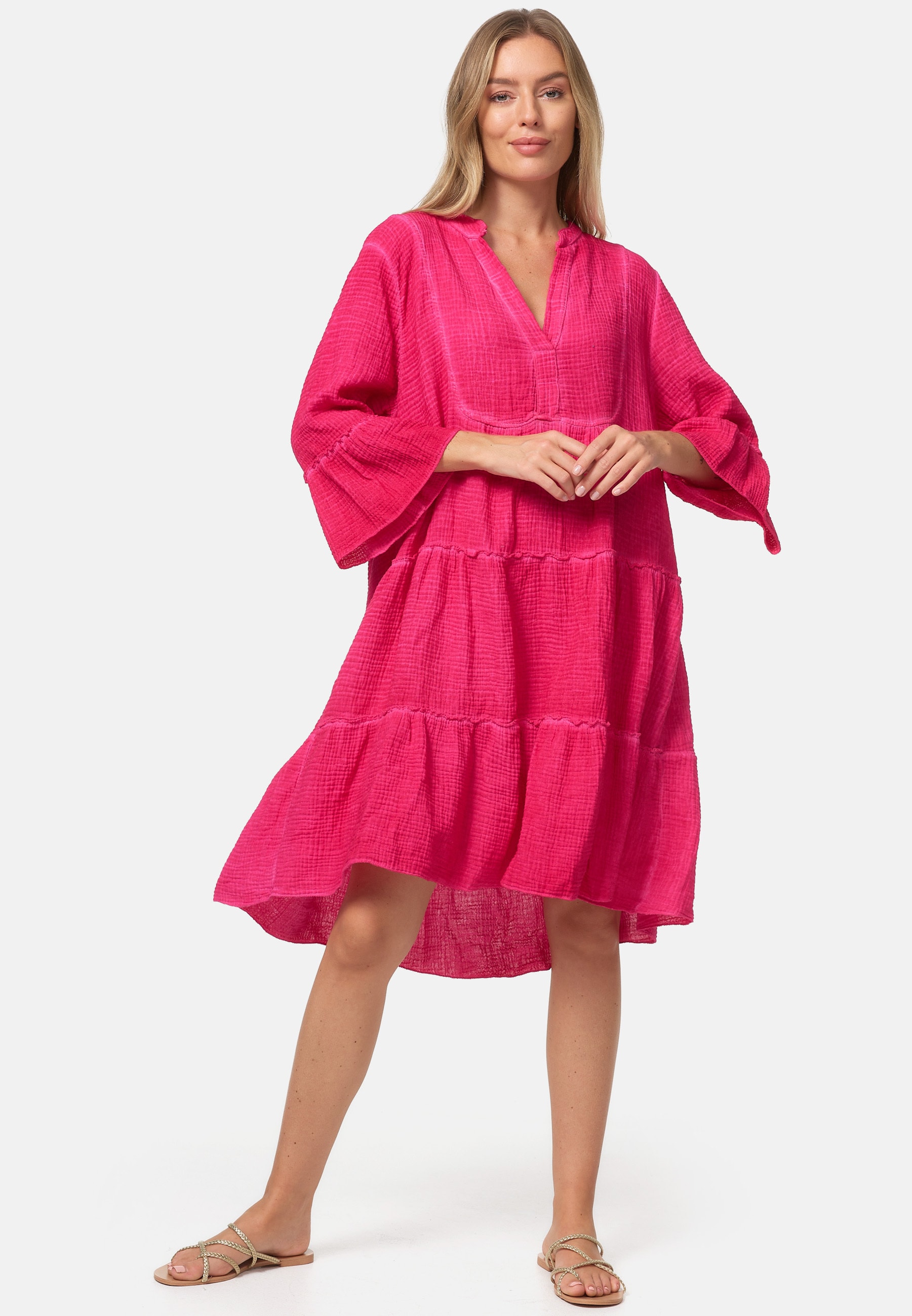 PM SELECTED Damen Leichtes Sommer Minikleid aus Musselin mit R&uuml;schen & 3/4 &Auml;rmel in Einheitsgr&ouml;&szlig;e PM39 