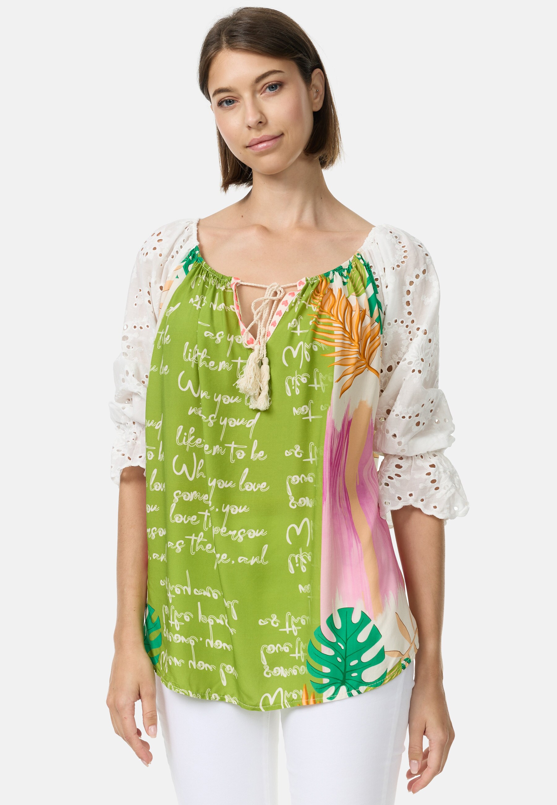 PM SELECTED Damen Romantische Tunika Bluse im Mustermix mit Spitze in Einheitsgr&ouml;&szlig;e PM61 