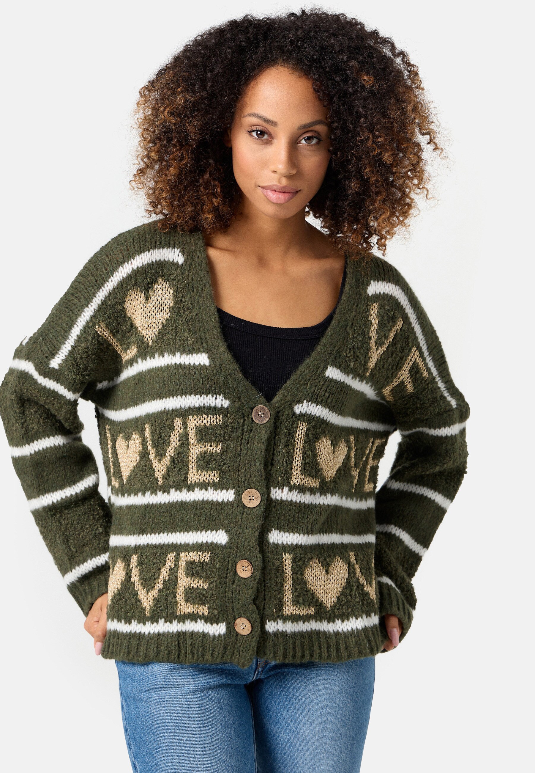 PM SELECTED Damen Festliche Strickjacke mit Love Muster in Einheitsgr&ouml;&szlig;e PM68 