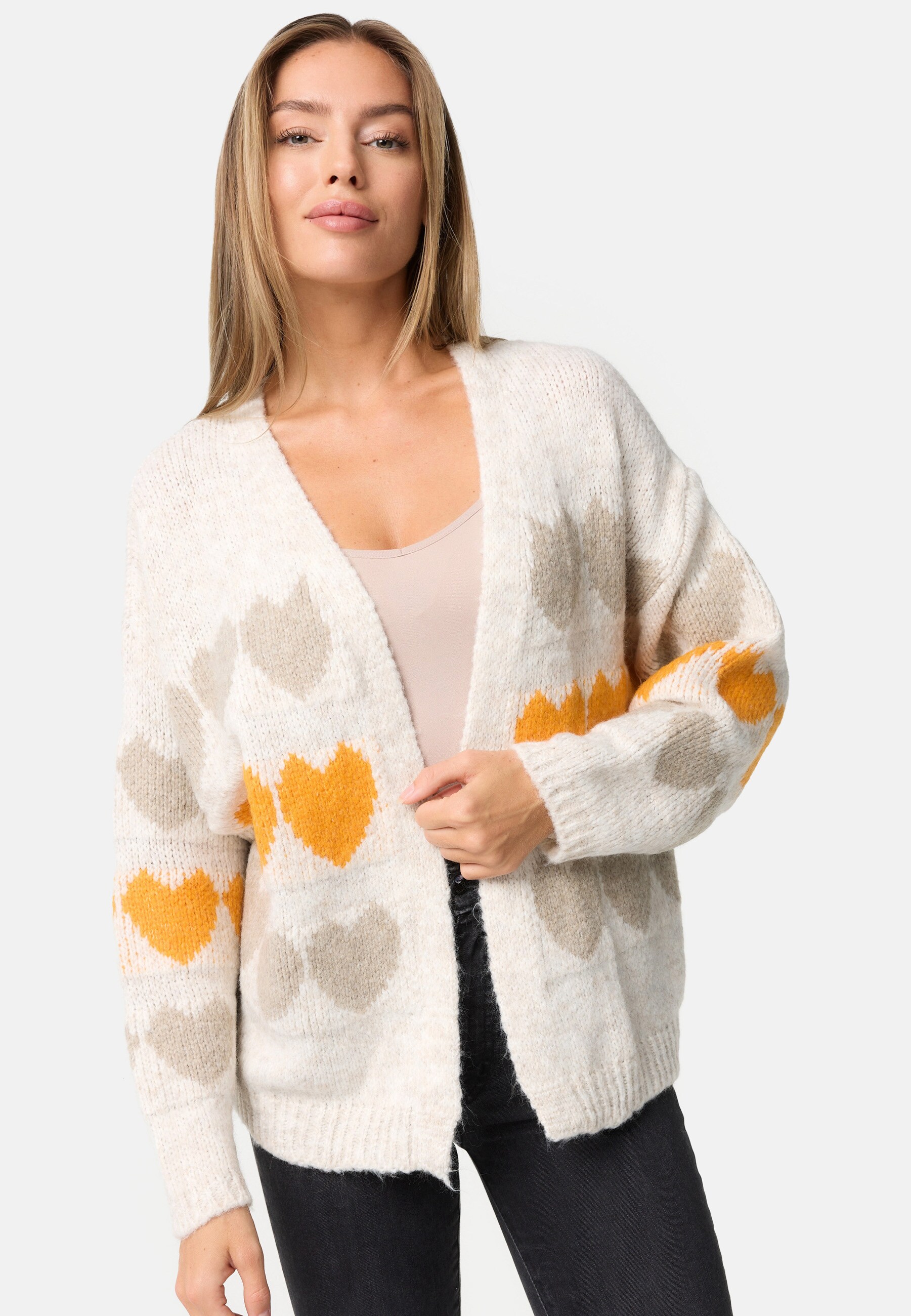 PM SELECTED Damen Warme Strickjacke Cardigan mit Herzmuster in Einheitsgr&ouml;&szlig;e PM66 