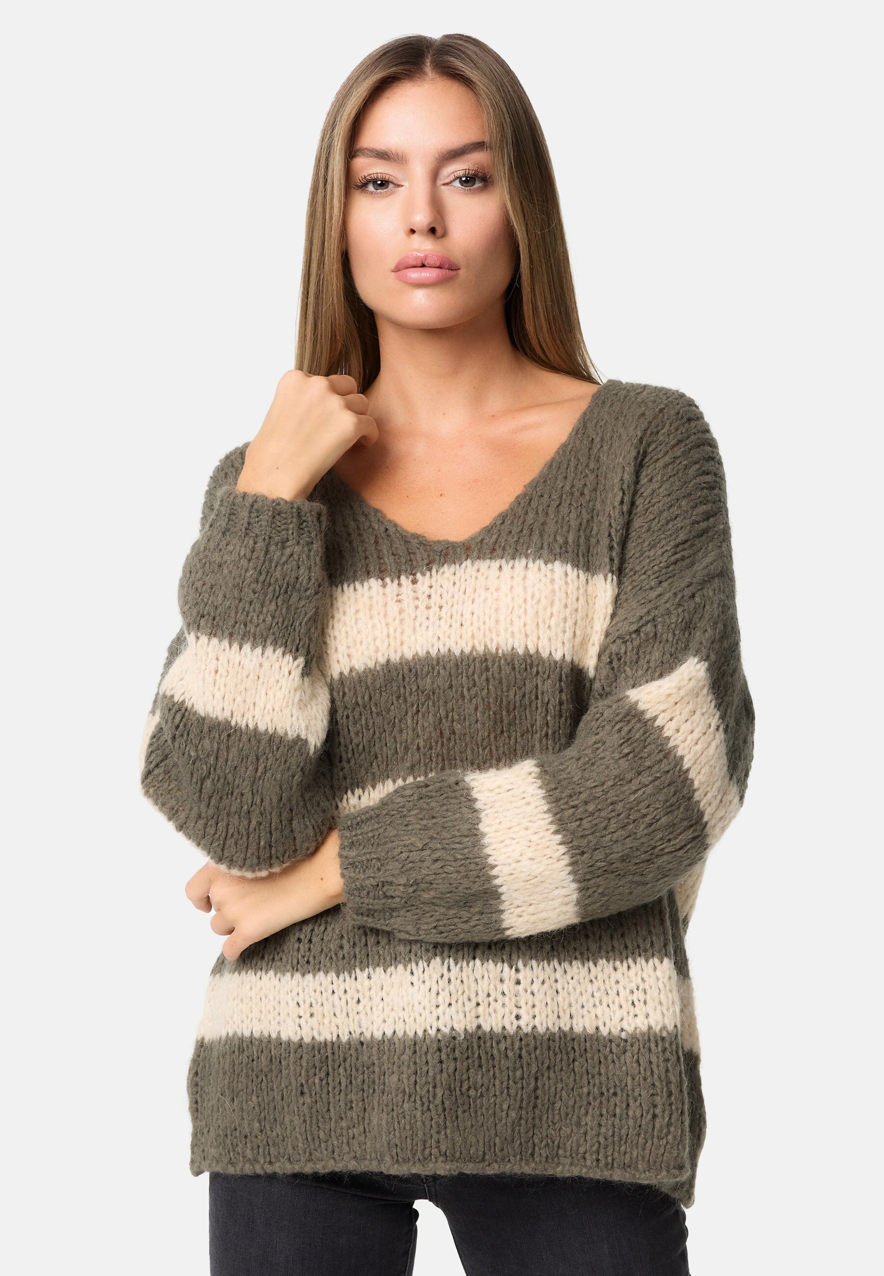 PM SELECTED Damen Warmer Strickpullover Pullover mit Candy Stripes in Einheitsgr&ouml;&szlig;e PM67 