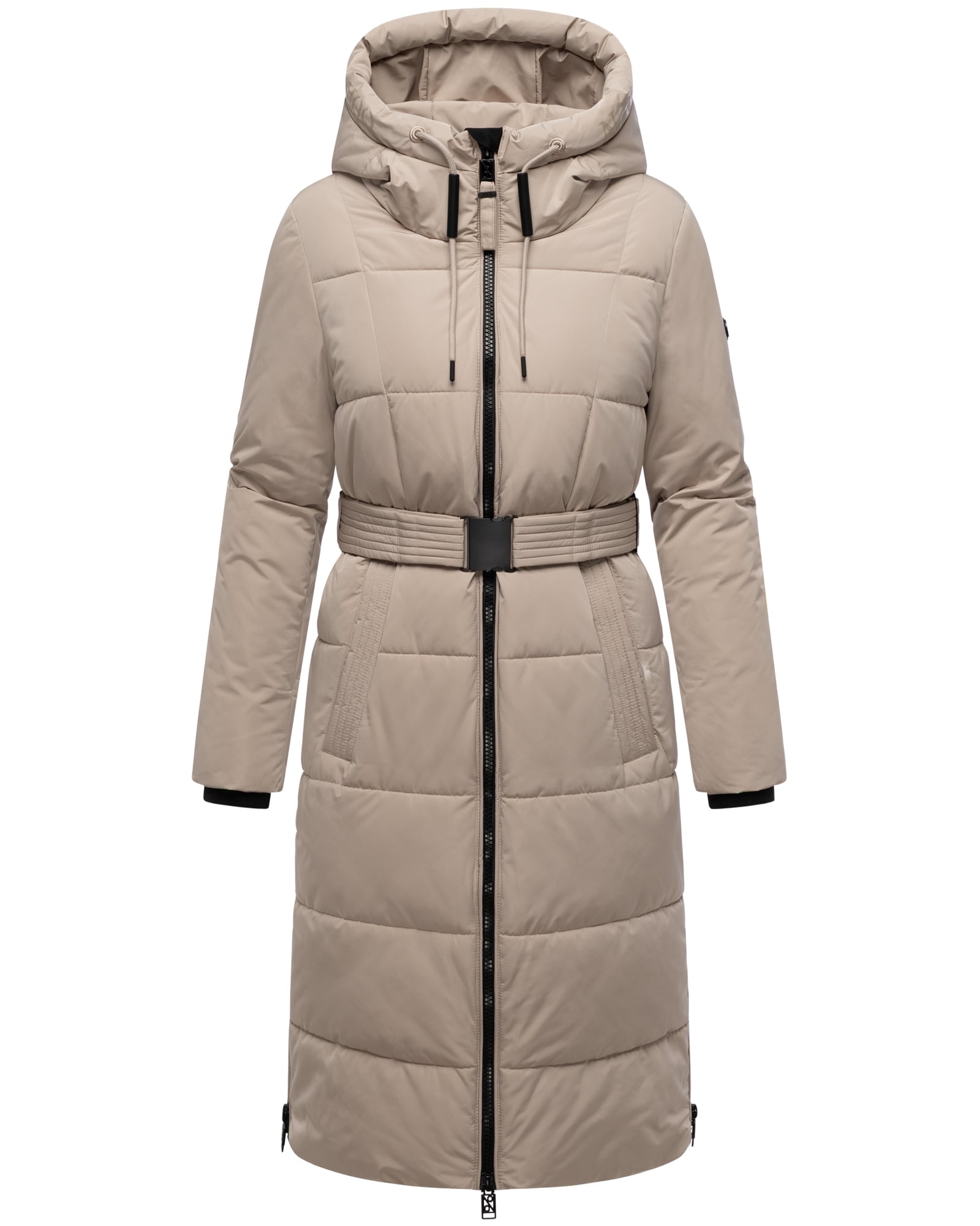 NAVAHOO Damen Steppmantel lang Wintermantel Parka Jacke wasserabweisend, Kapuze, Teddyfell, Kragen, G&uuml;rtel Herbstnebel 