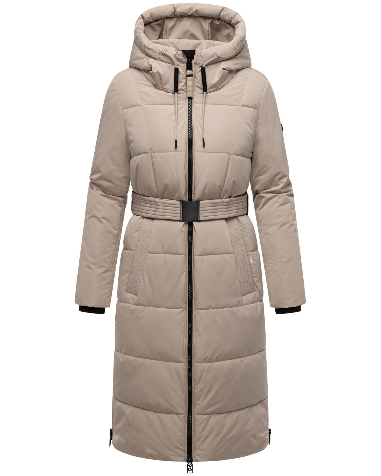 NAVAHOO Damen Steppmantel lang Wintermantel Parka Jacke wasserabweisend, Kapuze, Teddyfell, Kragen, Gürtel Herbstnebel