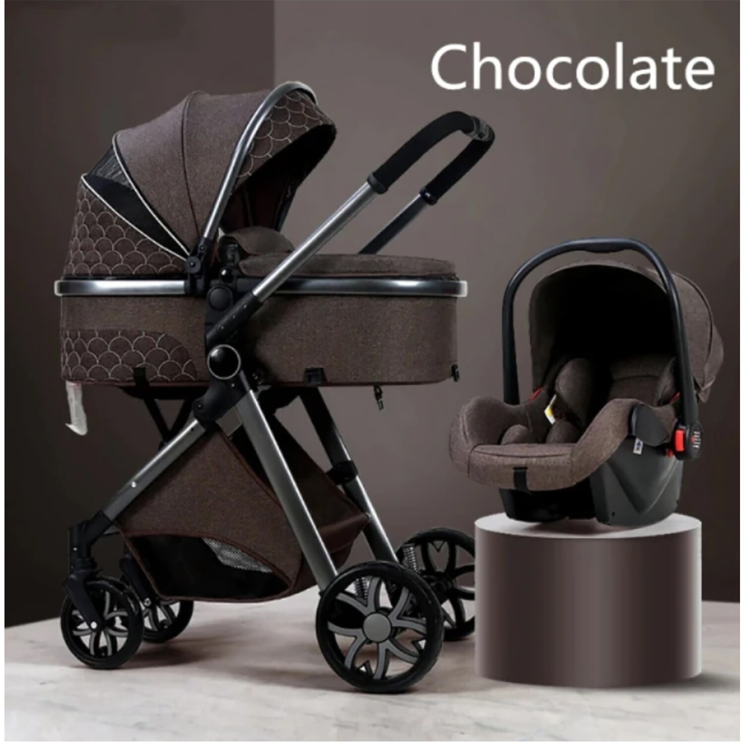 TPFLiving Kombi-Kinderwagen 3in1 Set - Modell 1 Stoff - Schokolade 