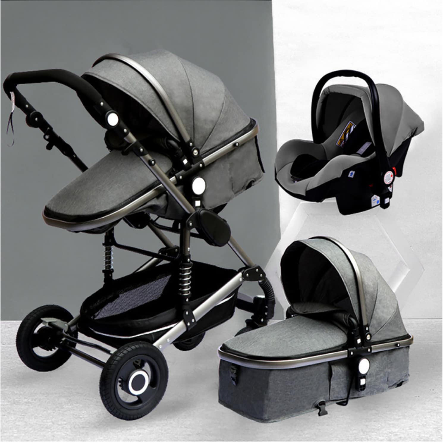 TPFLiving Kombi-Kinderwagen 3in1 Set - Modell 2 Stoff - Grau 