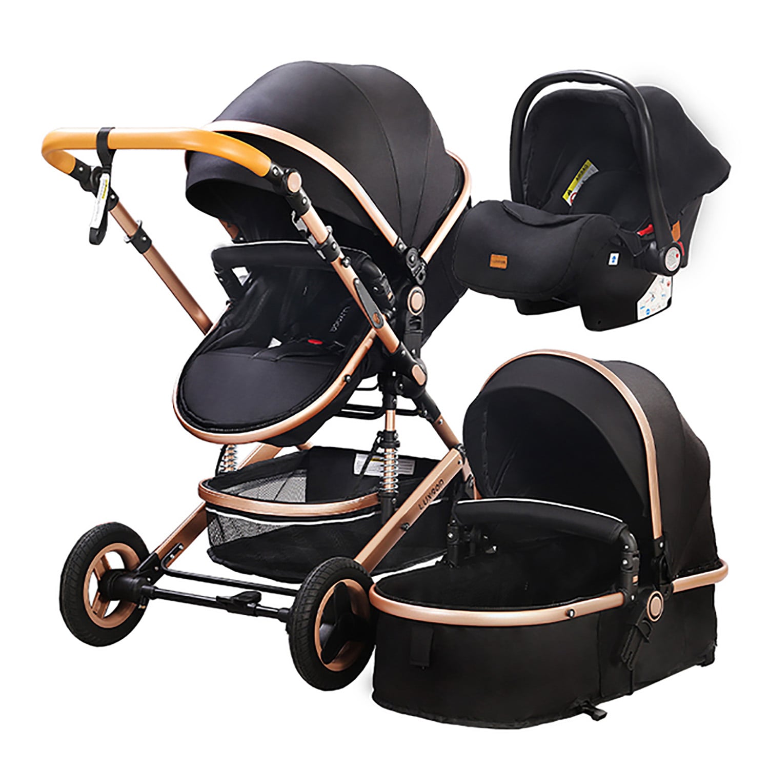 TPFLiving Kombi-Kinderwagen 3in1 Set - Modell Lux 7 Stoff - Schwarz 