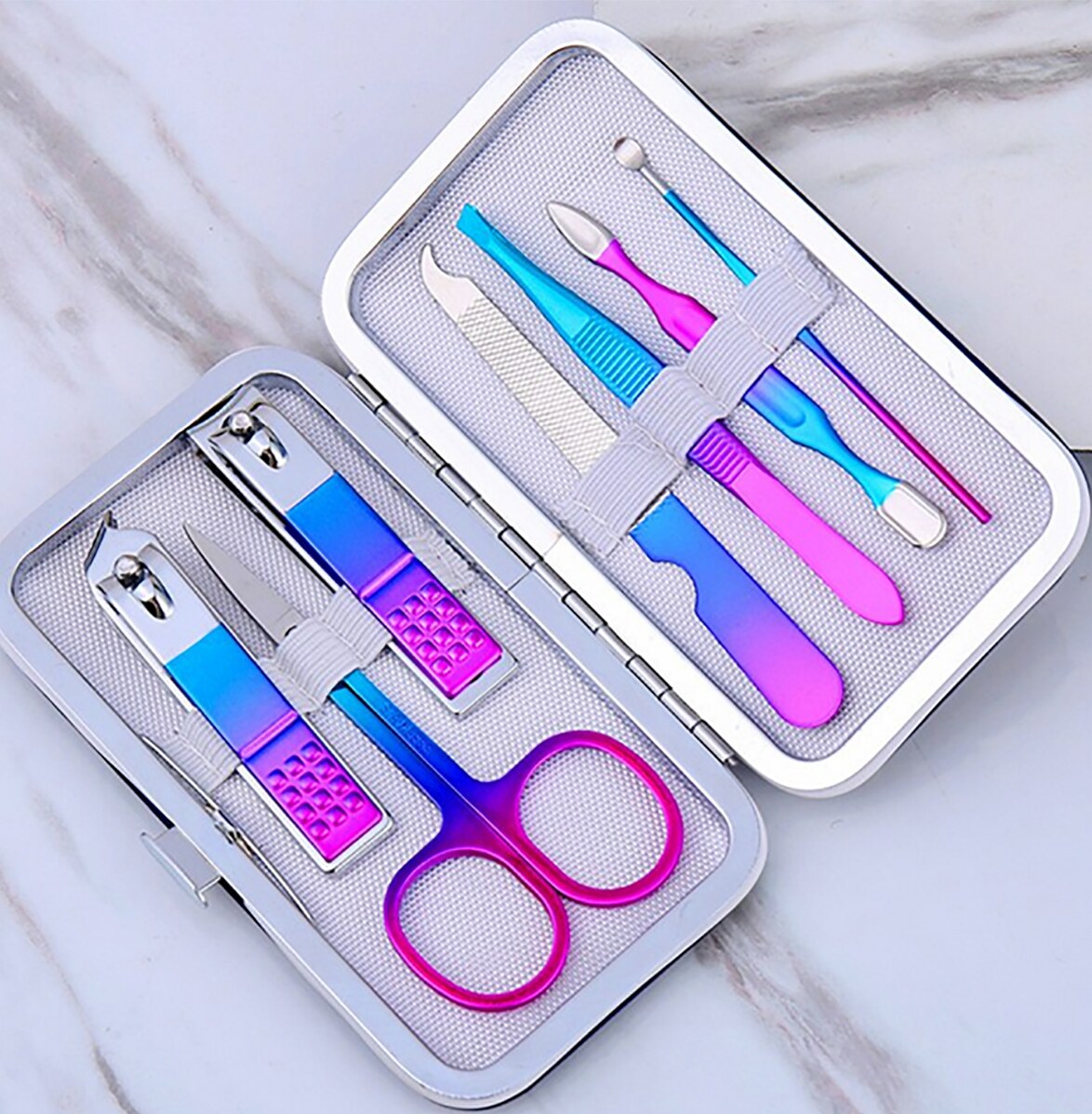 Maniküre- & Pediküre-Set 7-teilig aus Kunstleder - Rosa