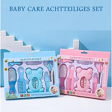 TPFBeauty Babypflege-Set 8-teilig mit Badewannen-Thermometer, Blau 