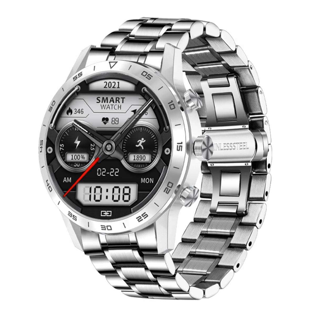 TPFNet Smart Watch / Fitness Tracker IP68 - Edelstahl Armband - Android & IOS - Schwarz 