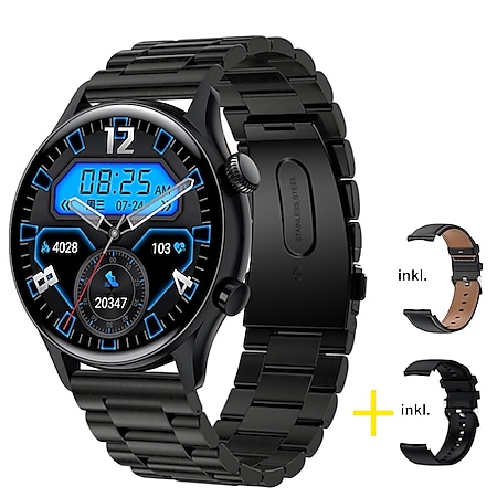 TPFNet Smart Watch / Fitness Tracker IP67 - Edelstahl Armband + Kunstleder & Silikon Armband - Android & IOS - Schwarz 