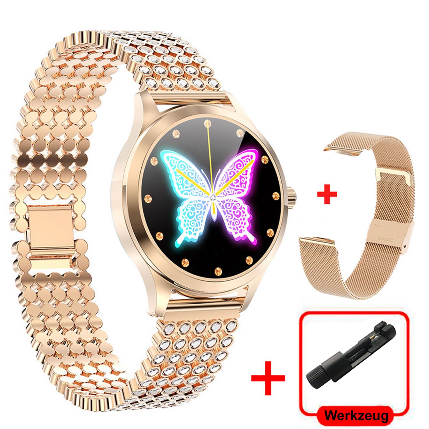 TPFNet Damen Smart Watch / Fitness Tracker IP68 - Milanaise Armband - Android & IOS - Gold 