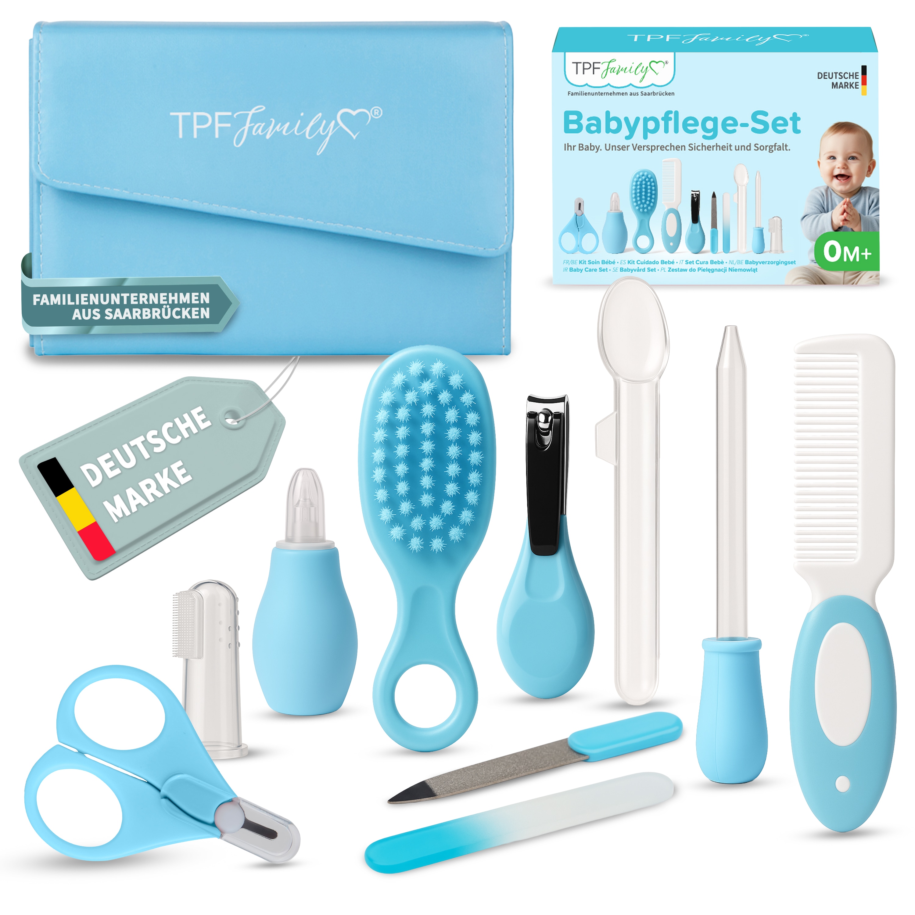 TPFFamily Baby Pflegeset Neugeborene &ndash; 10-teiliges Set mit hochwertiger Baby-Erstausstattung - Farbe Blau 