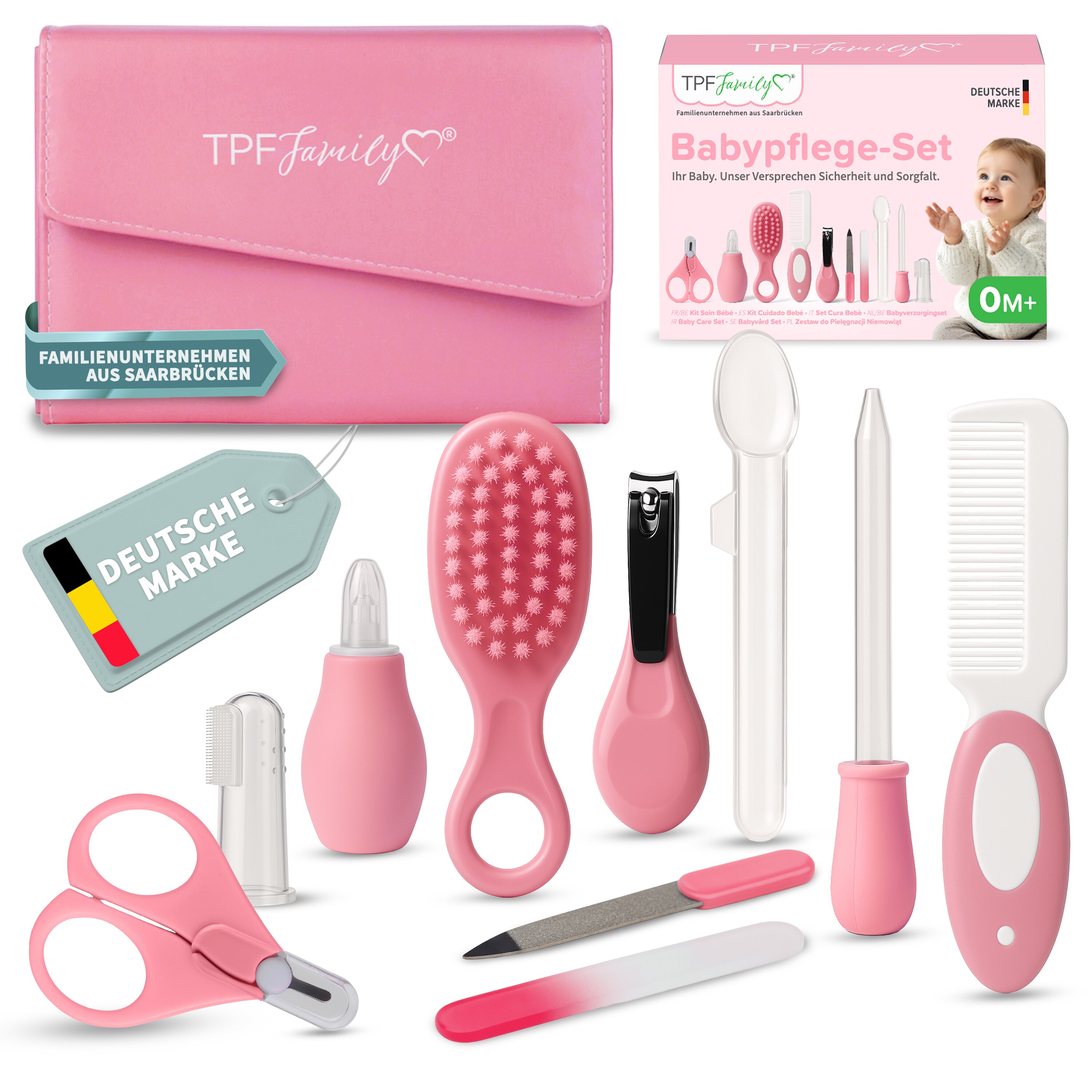 TPFFamily Baby Pflegeset Neugeborene &ndash; 10-teiliges Set mit hochwertiger Baby-Erstausstattung - Farbe Pink 