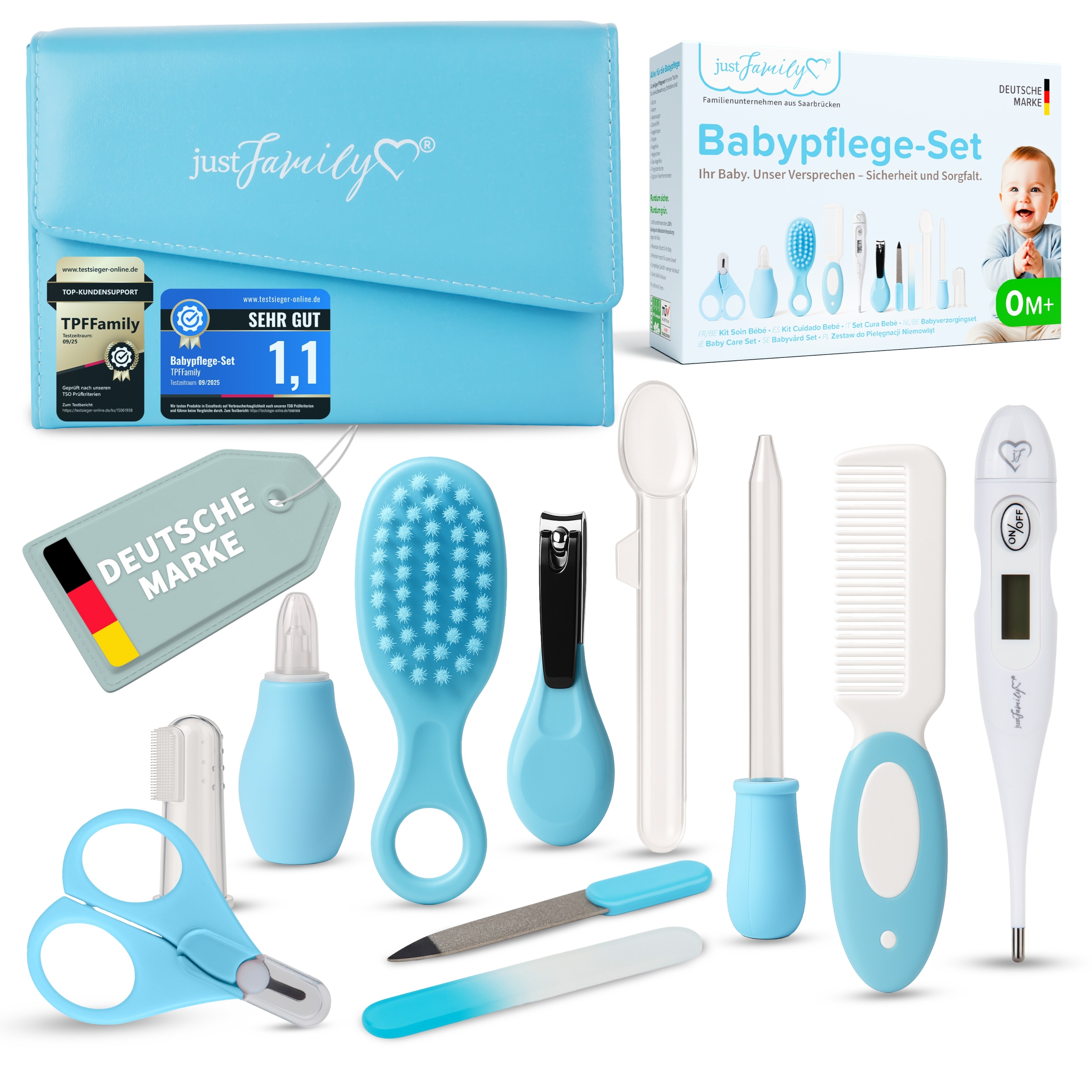 justFamily Baby Pflegeset Neugeborene &ndash; 11-teiliges Set mit hochwertiger Baby-Erstausstattung - Farbe Blau 