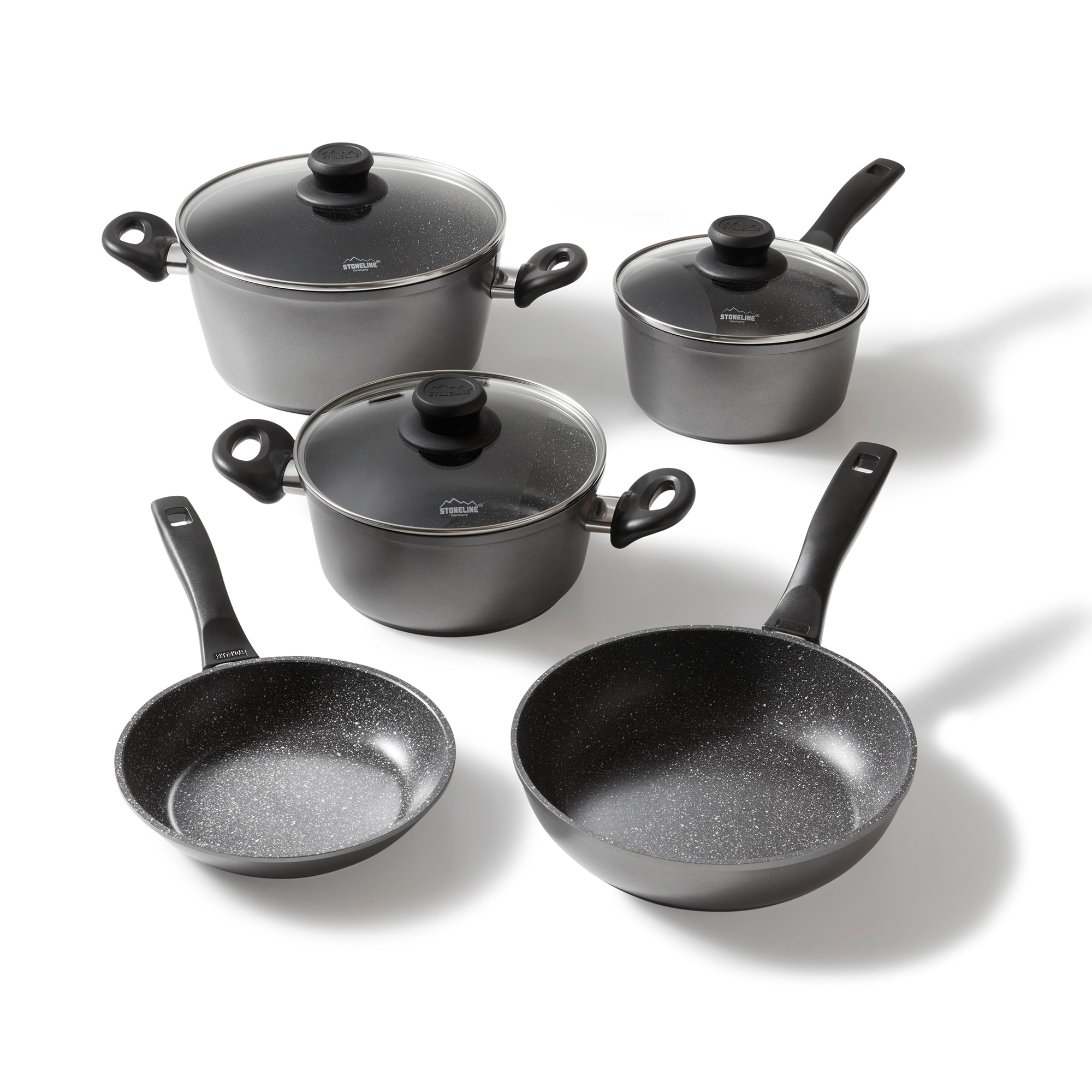 STONELINE Topfset Induktion, 8-teiliges Topfset mit Deckel, Kochtopf Set beschichtet mit echten Steinpartikeln, Aluguss T&ouml;pfe und Pfannen geeignet f&uuml;r alle Herdarten 