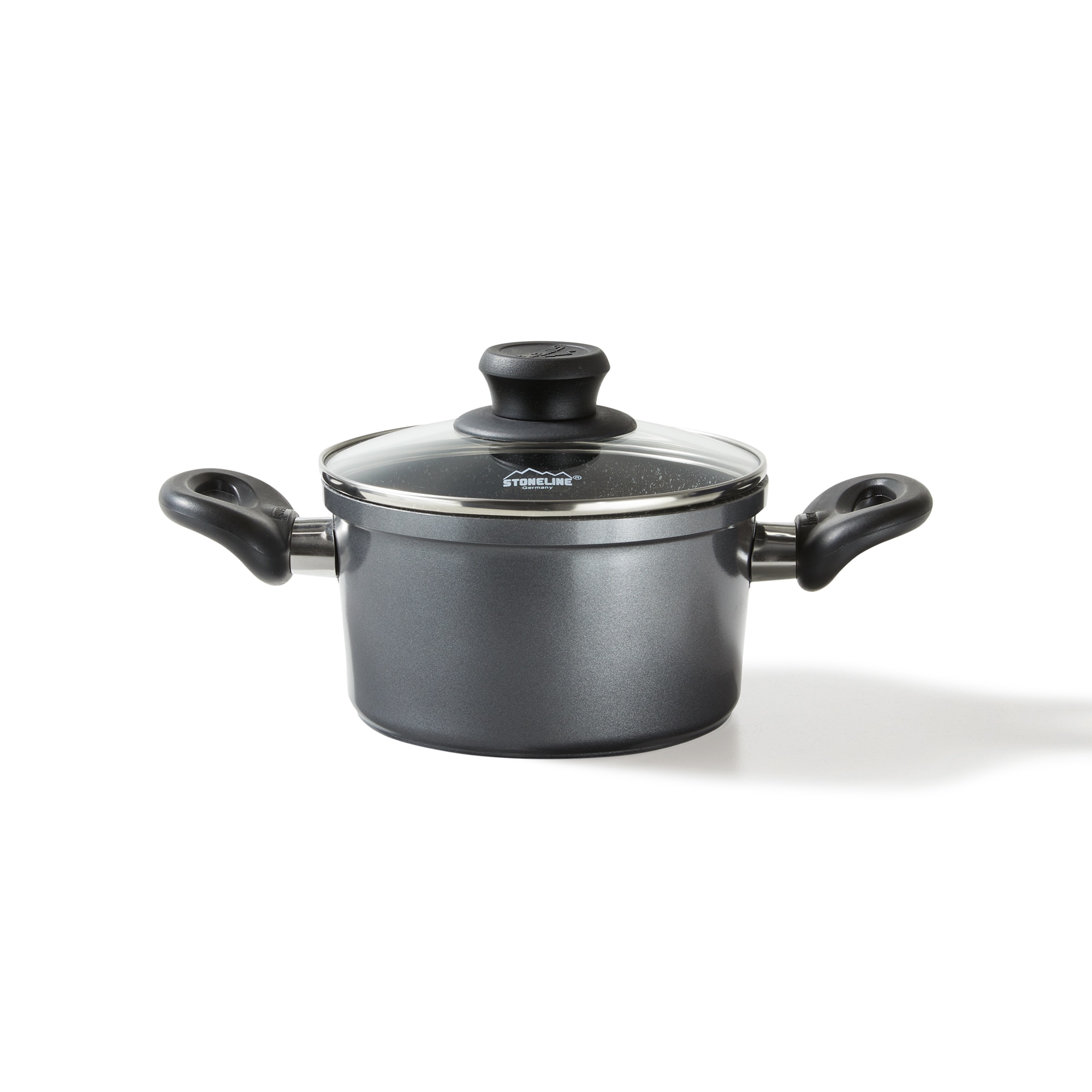Stoneline Kochtopf 16 cm, mit Deckel, Induktion, Aluguss, beschichtet mit echten Steinpartikeln, grau, beschichteter Kochtopf Induktion 16cm Durchmesser, antihaftbeschichtet 