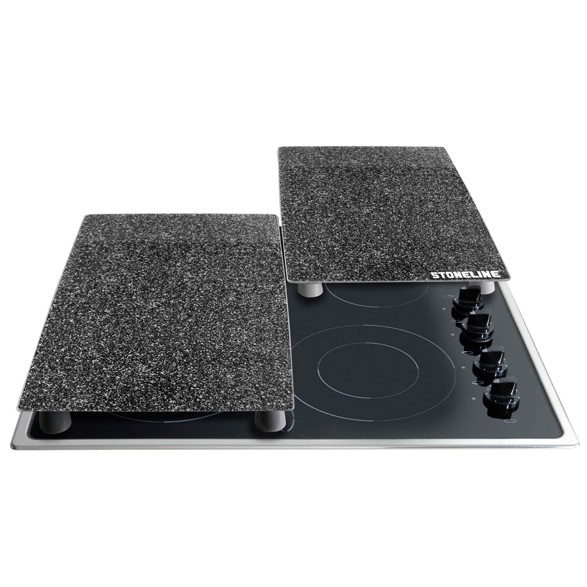 STONELINE&reg; Herdabdeckplatten/Schneideplatten-Set aus schlagfestem und hitzebest&auml;ndigem Glas, 2-teilig, 52 x 30 x 0,5 cm, mit auswechselbaren F&uuml;&szlig;en f&uuml;r verschiedene Verwendungsm&ouml;glichkeiten, schwarz 
