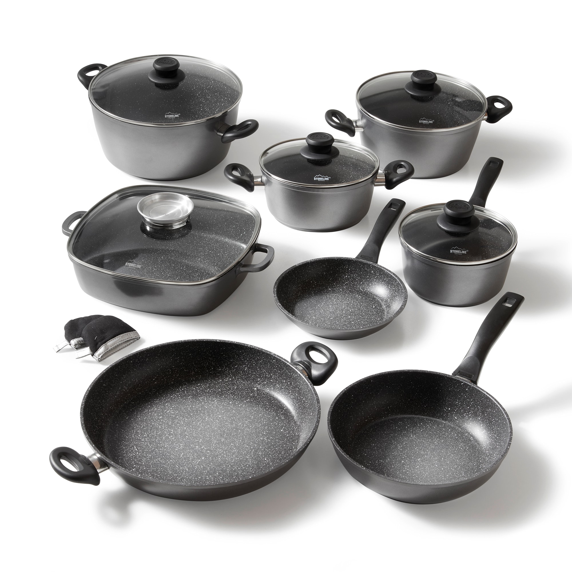 STONELINE Topfset Induktion, 13-teiliges Topfset mit Deckel, Kochtopf Set beschichtet mit echten Steinpartikeln, Aluguss T&ouml;pfe und Pfannen geeignet f&uuml;r alle Herdarten 