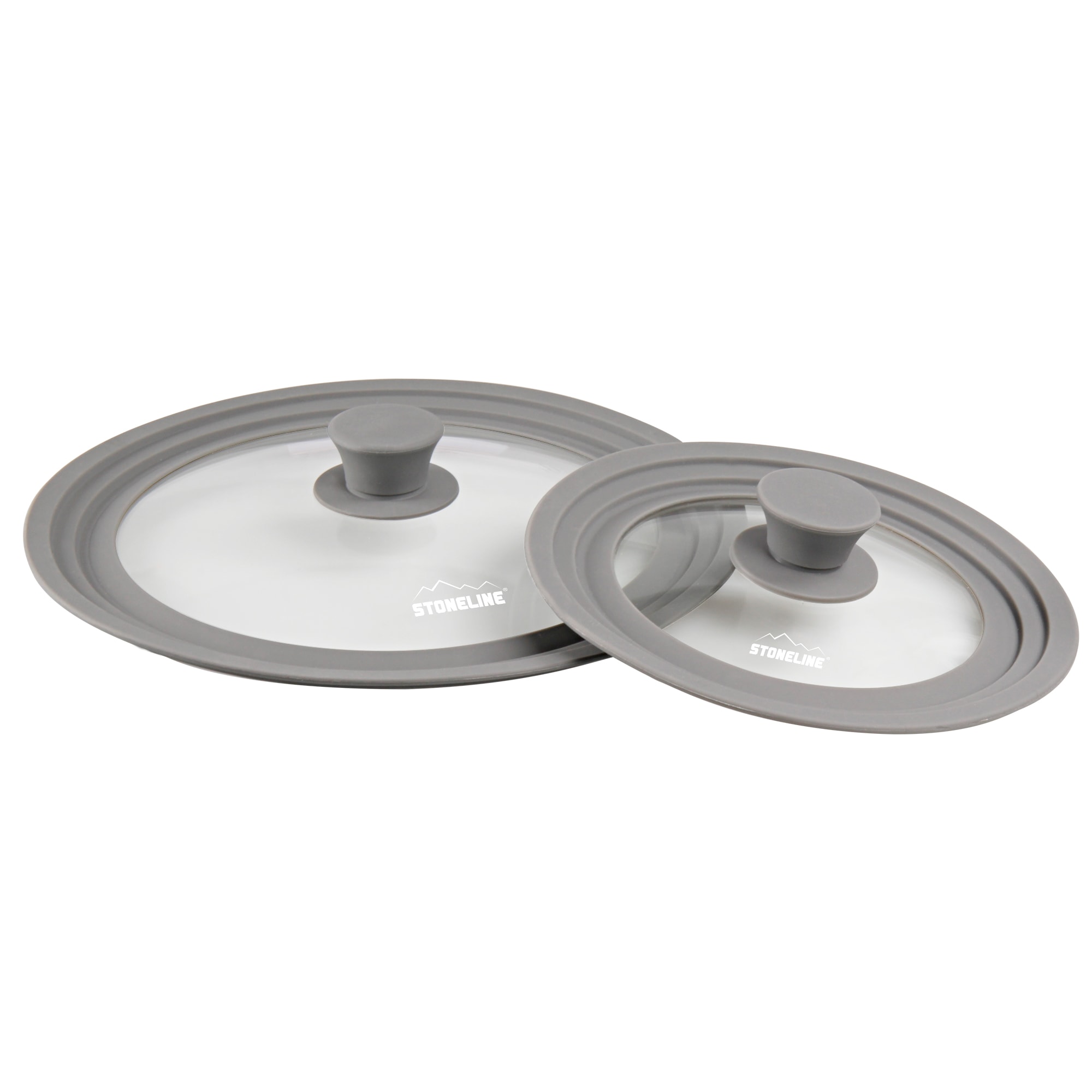 Stoneline Multifunktionaler Glasdeckel, 2-teilig, mit Silikonrand, f&uuml;r 16/18/20 cm und 24/26/28 cm, platzsparend, 6 Gr&ouml;&szlig;en, universal Pfannendeckel & Topfdeckel 