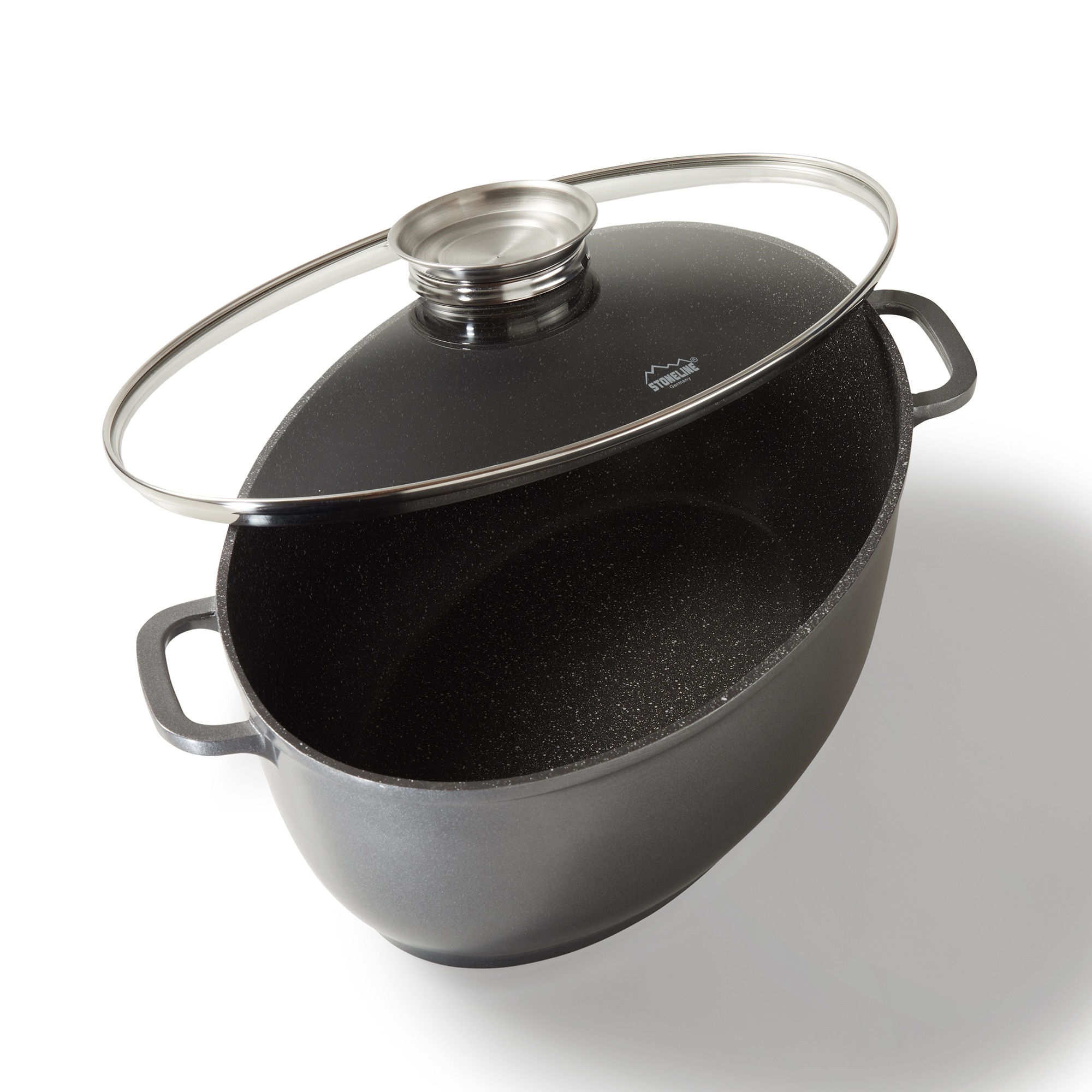 Stoneline Gourmet Br&auml;ter, oval, 38,8 x 26,3 cm, 8 L, mit Aroma-Glasdeckel zur dosierten Zugabe von Fl&uuml;ssigkeiten, Aluguss Br&auml;ter Induktion und backofengeeignet, Antihaftbeschichtung mit echten 