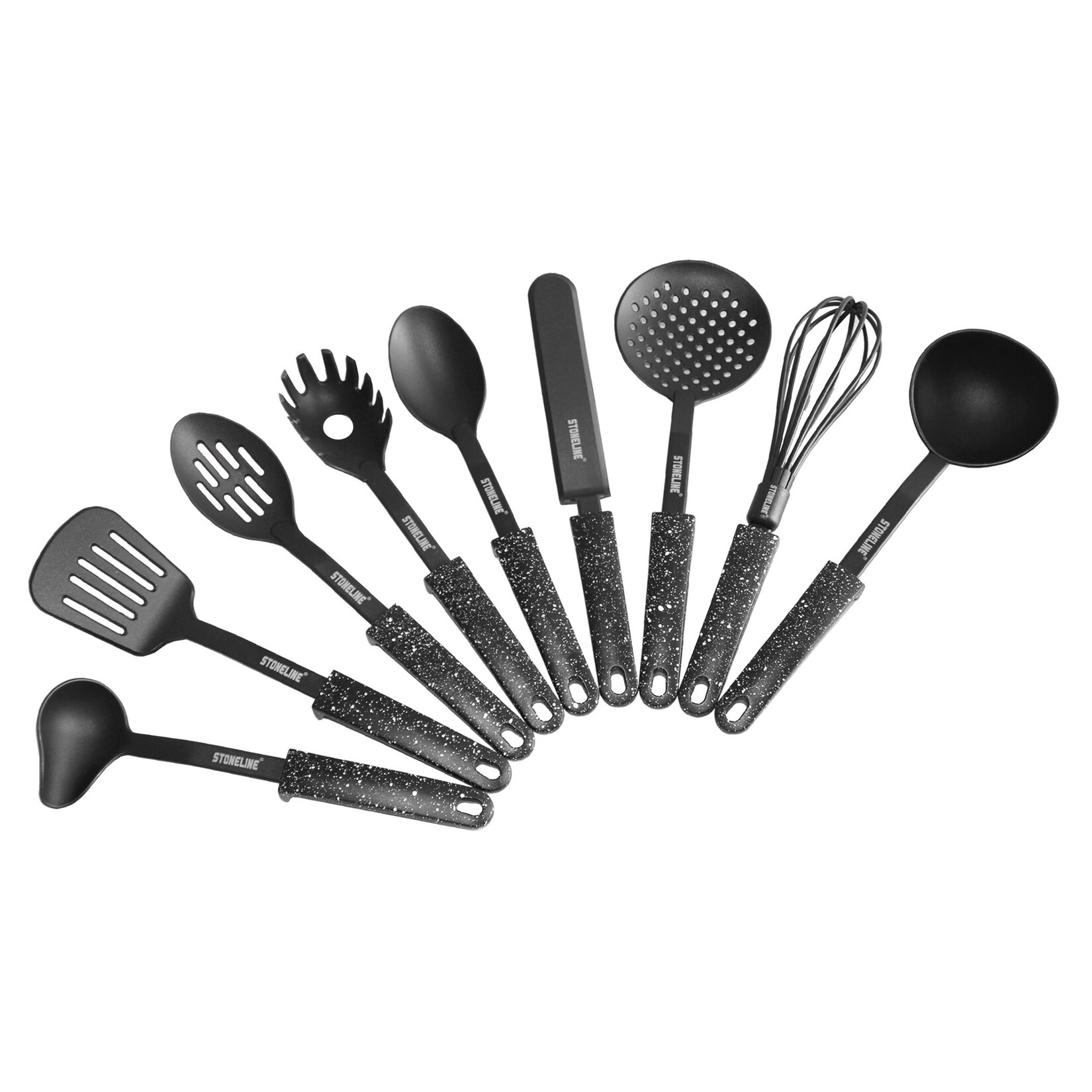 9-teiliges Küchenhelfer Set, Kunststoff, Original Design, mit praktischer Stütze, geeignet für antihaftbeschichtetes Kochgeschirr, Küchenutensilien Set, schwarz