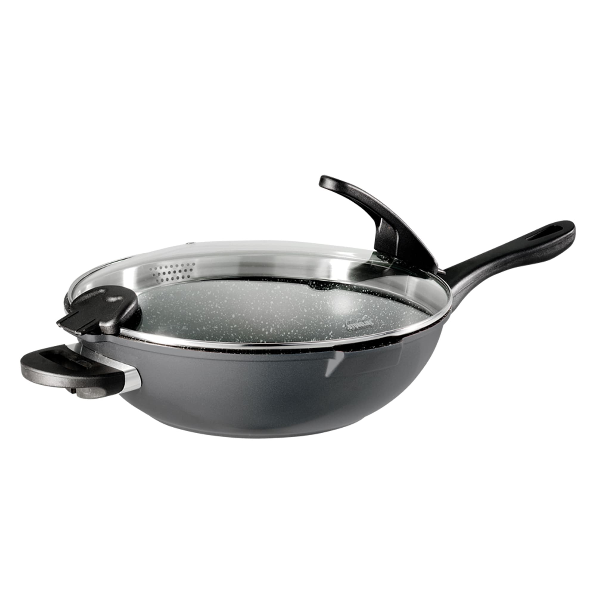 Stoneline Future Wok 32 cm, mit Sieb-Glasdeckel, mit austauschbaren Griffen, induktionsgeeignet, Aluguss, beschichtet mit echten Steinpartikeln, Grau, Wokpfanne mit Deckel 