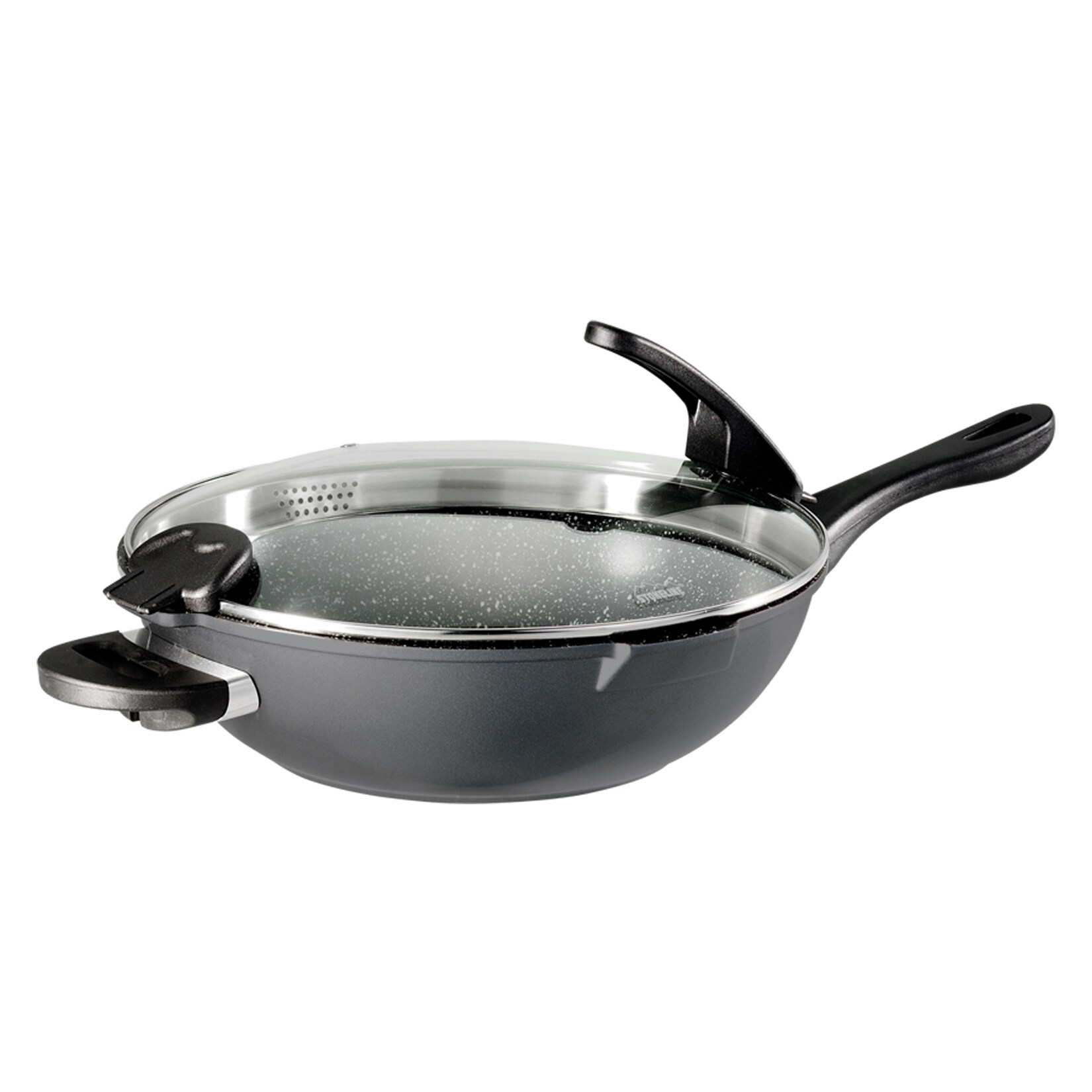Stoneline Future Wok 32 cm, mit Sieb-Glasdeckel, mit austauschbaren Griffen, induktionsgeeignet, Aluguss, beschichtet mit echten …