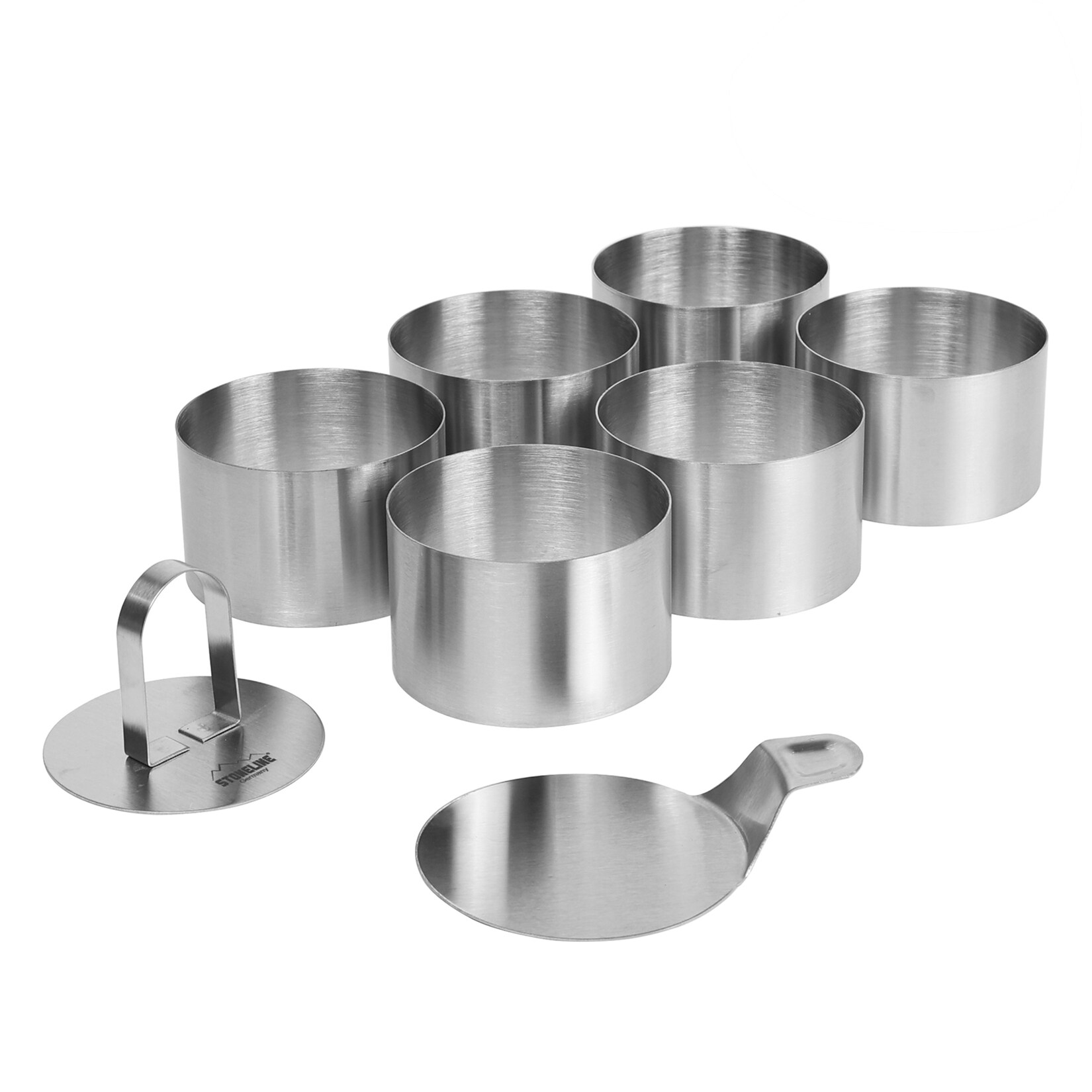 STONELINE Dessertringe und Speiseringe, Ring Set klein, 8-teilig, Edelstahl, 6 Ringe, 1 Heber, 1 Stempel, Lebensmittel Presse, Dessertringe 8cm, Dessertring / Speisering