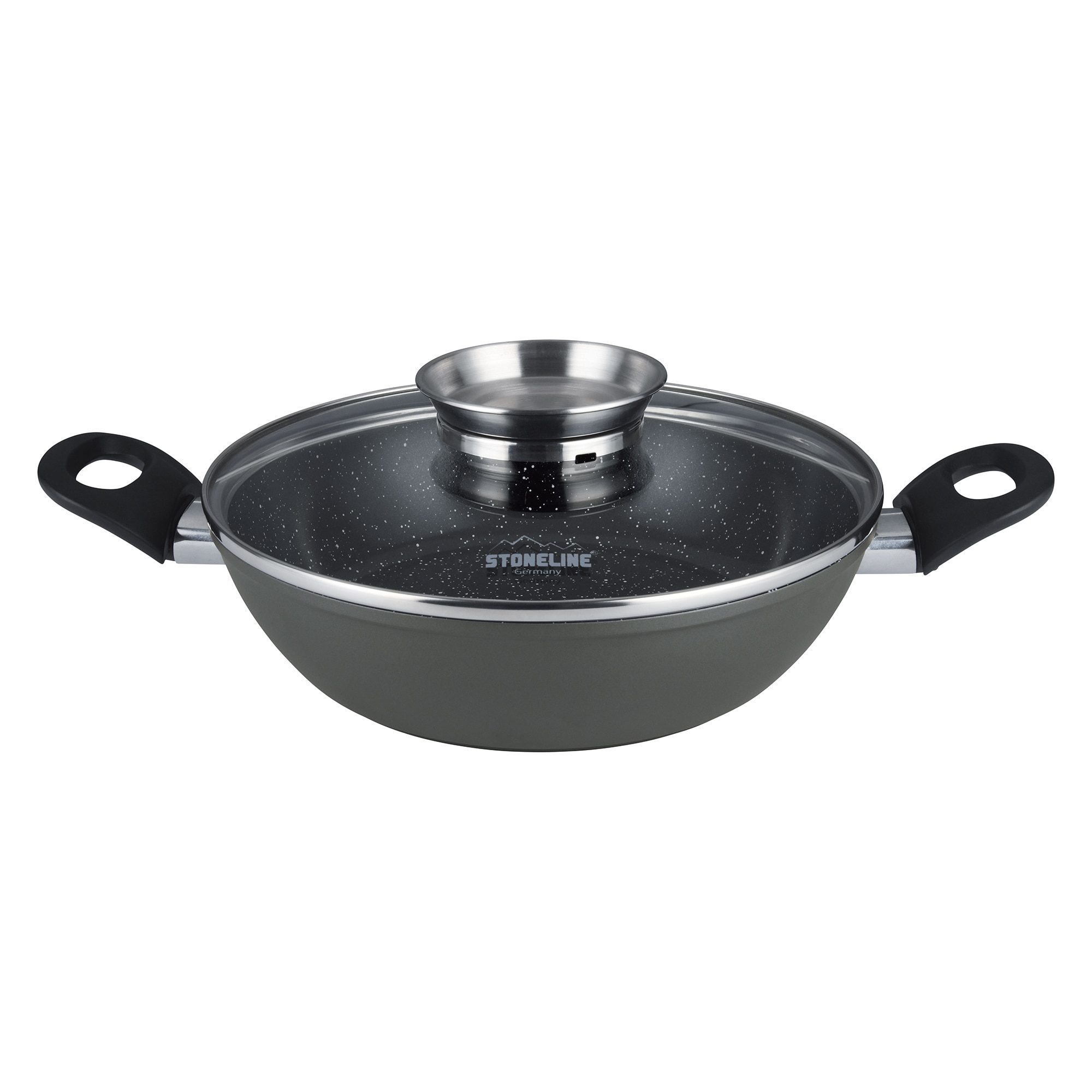 Stoneline Ceramic Servierpfanne 28 cm, PFAS-freie Keramik Beschichtung, Aroma-Glasdeckel, hoher Rand, Antihaftbeschichtet mit echten Steinpartikeln, Induktion und backofenfest 