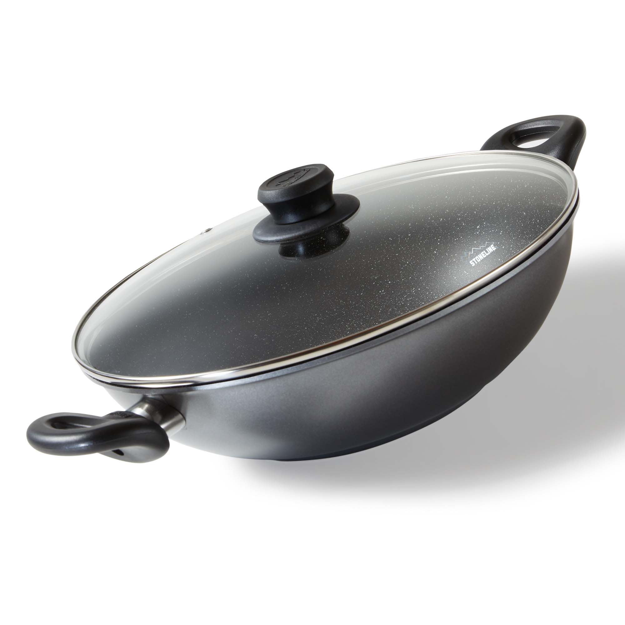 Stoneline Wok 28cm, mit Deckel, Aluguss, Wok Pfanne beschichtet mit echten Steinpartikeln, grau, ohne Fett oder &Ouml;l kochen und braten, gro&szlig;er Wok Induktion 