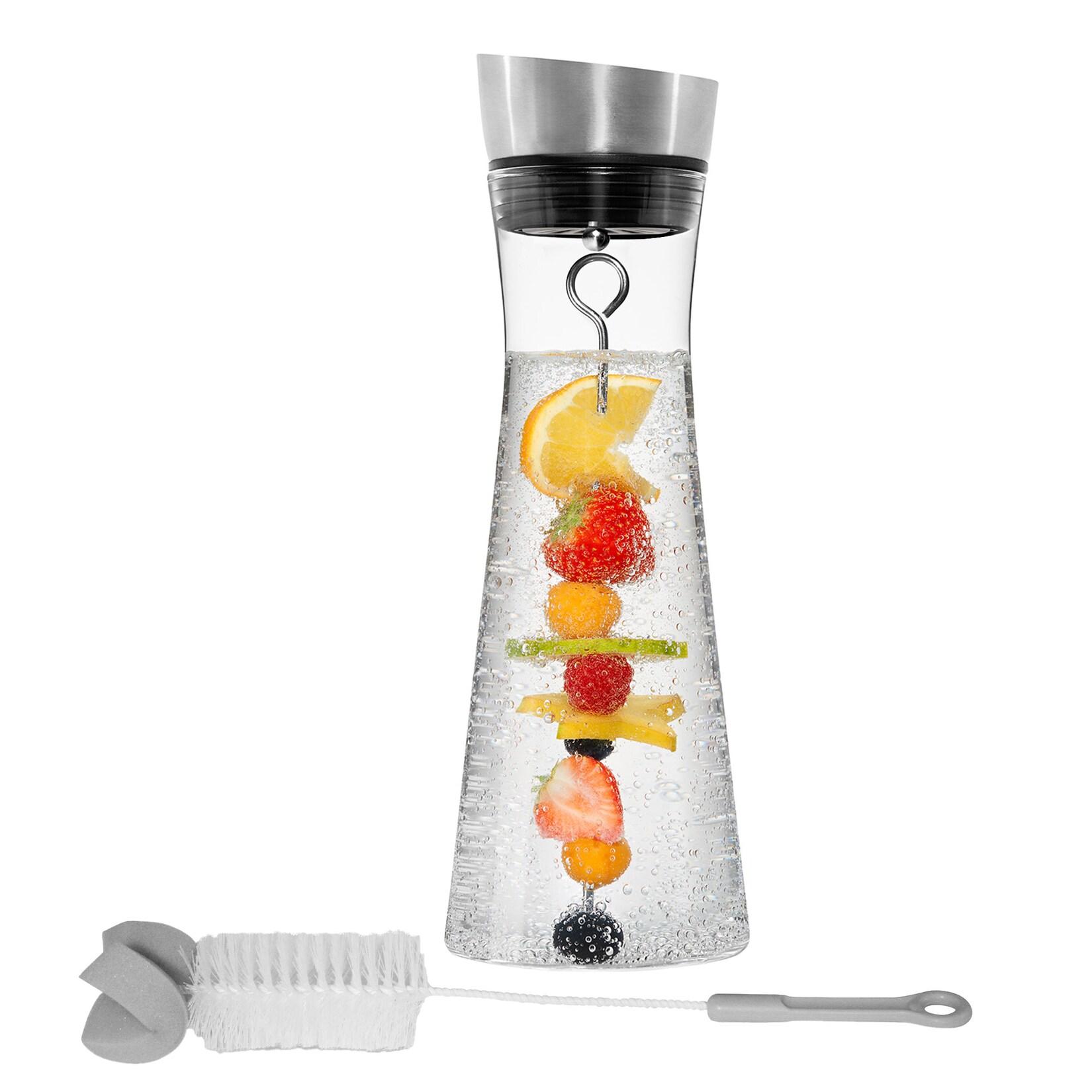 Glaskaraffe 1 Liter, mit Fruchtspiess / Fruchteinsatz und Spülbürste, Wasserkaraffe mit Ausgießer aus Edelstahl, Glaskaraffe mit Deckel, Karaffe mit Fruchteinsatz