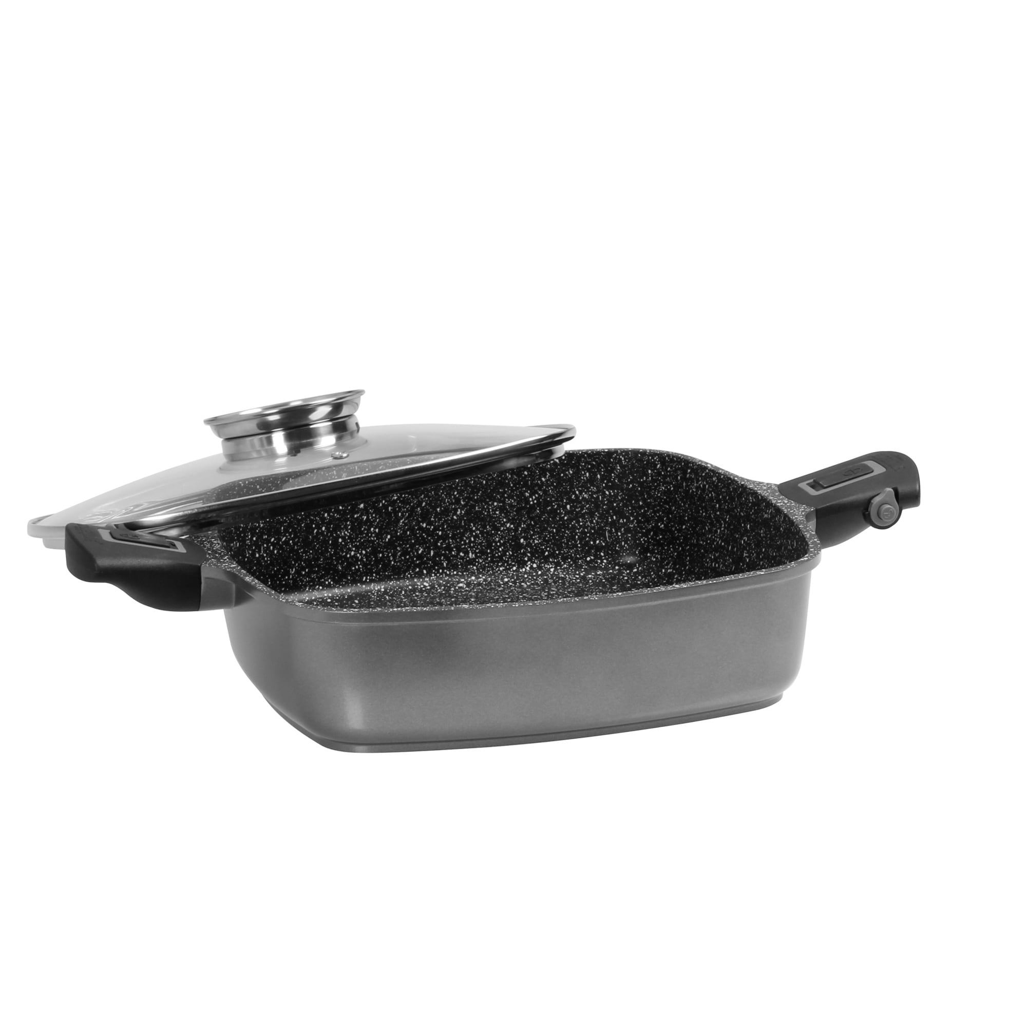 Stoneline SMART Eckpfanne, rechteckig, 24 x 24 cm, Aroma-Glasdeckel, abnehmbare Sicherheitsgriffe, Induktion, Aluguss, beschichtet mit echten Steinpartikeln, grau 