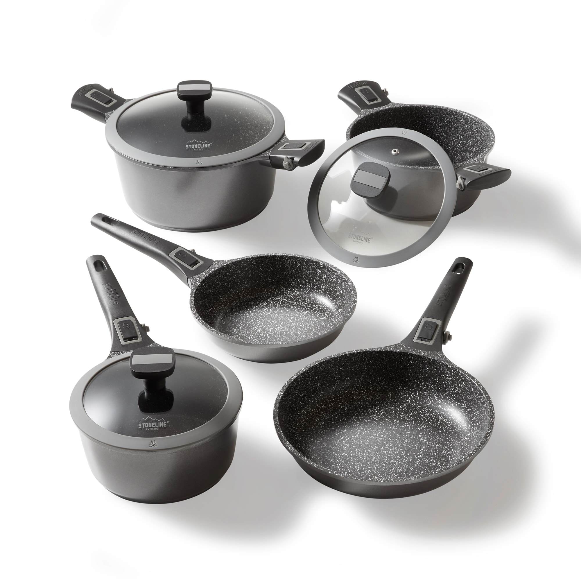 Stoneline SMART Topf und Pfannenset, 8-teilig, mit Deckel und abnehmbarem Griff, Induktion, Aluguss, Pfanne mit echten Steinpartikeln beschichtet, grau 