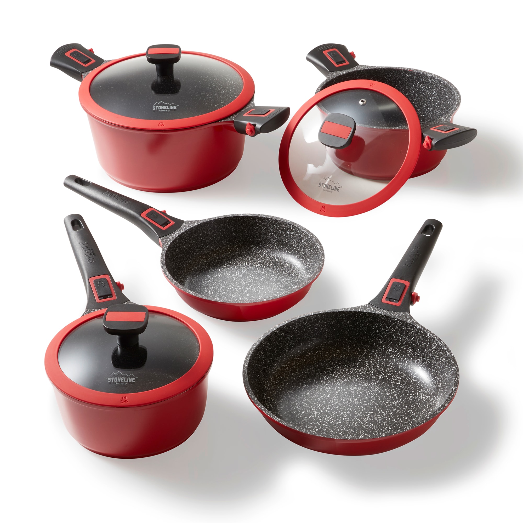 Stoneline SMART Topf und Pfannenset, 8-teilig, mit Deckel und abnehmbarem Griff, Induktion, Aluguss, Pfanne mit echten Steinpartikeln beschichtet, rot 