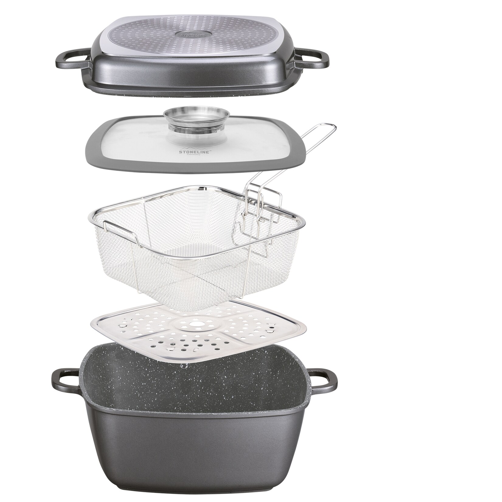 STONELINE® Multi-Eckpfanne 28 x 28 cm, mit Dampf- und Frittierfunktion