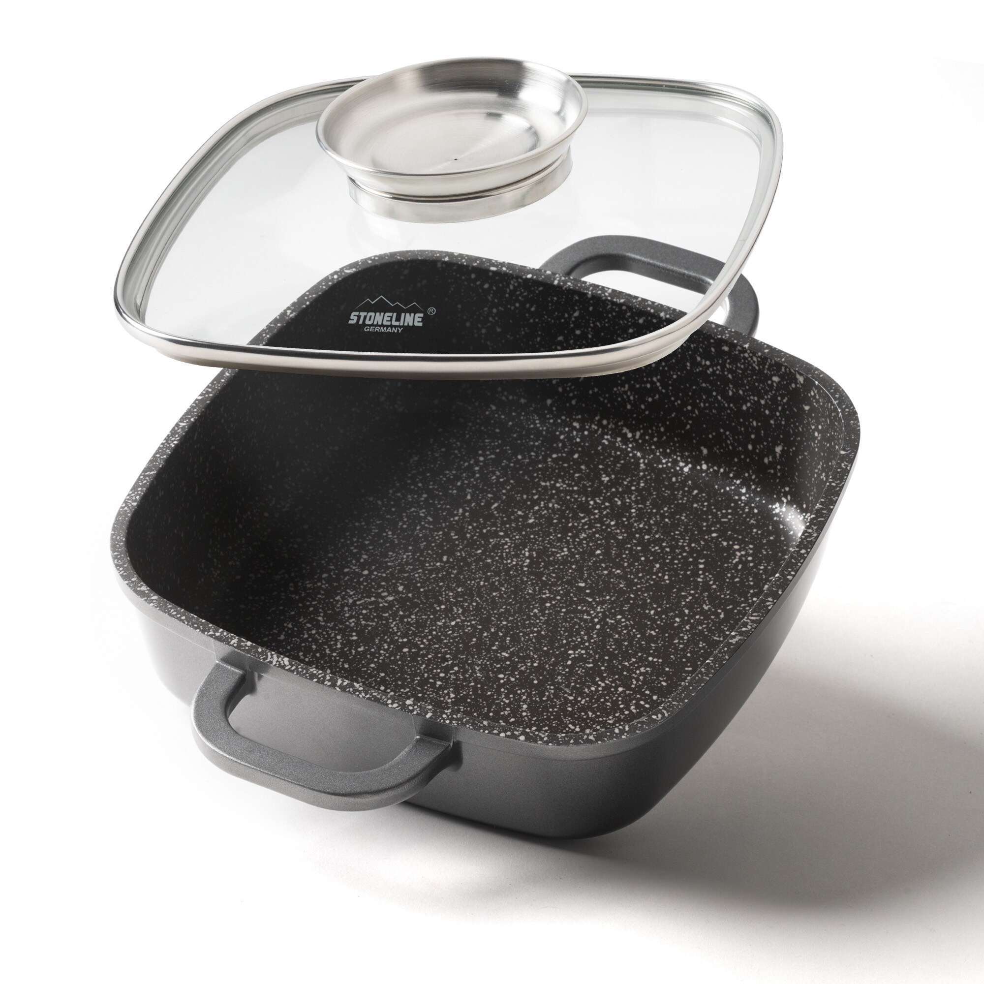 STONELINE&reg; Eckpfanne 20x20 cm mit Aroma Glasdeckel, Pfanne rechteckig, Backofen & Induktion geeignet 
