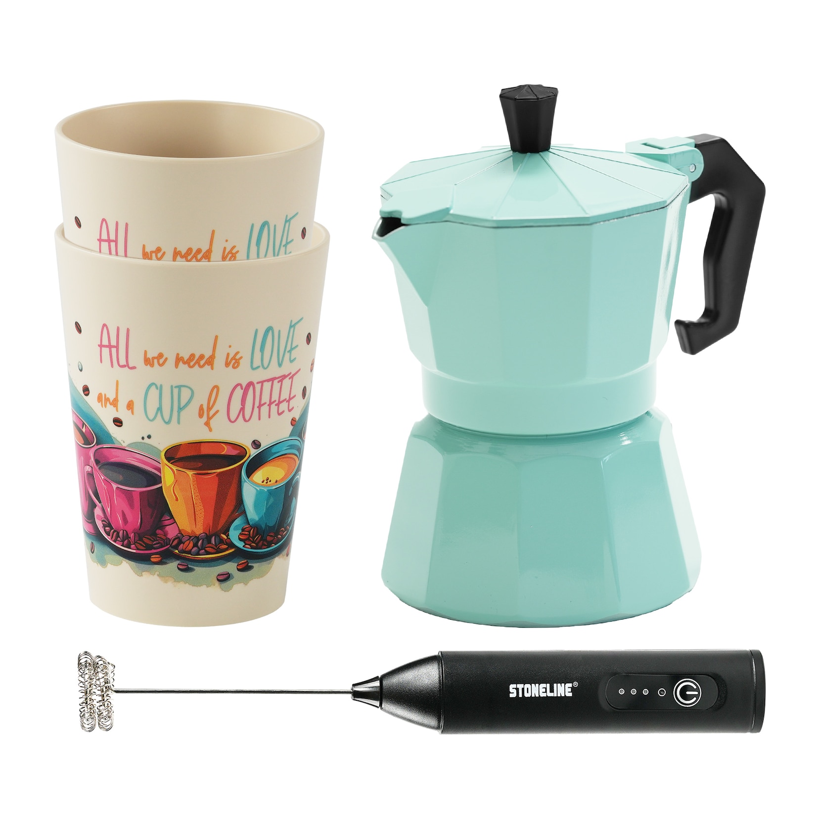 STONELINE Espressokocher Set mit Becher & Milchaufschäumer, Mint