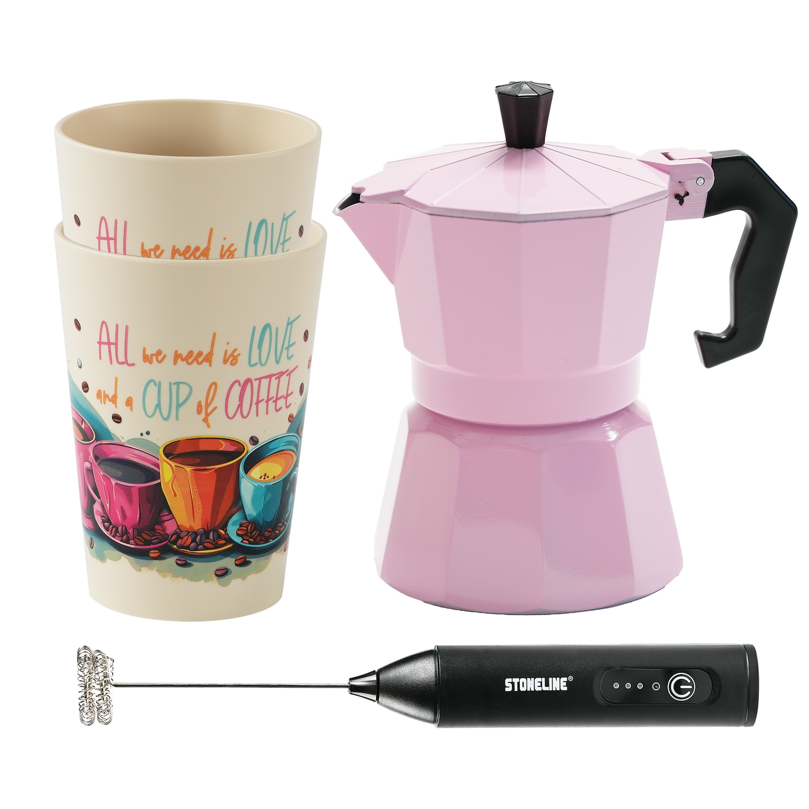 STONELINE Espressokocher Set mit Becher & Milchaufschäumer, Rosa
