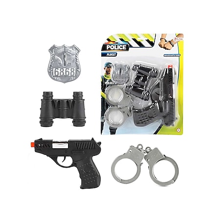 Polizei Spielset - Spielzeugpistole, Handschellen, Schild, Fernglas 