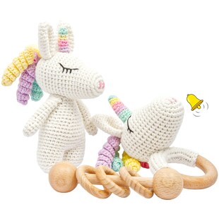 Handgestrickter Einhorn Rainbow Set Babyrassel Holz Baumwolle 16 cm 