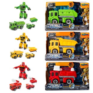 3er Set Transformierbarer Roboter Feuerwehr, Kipplaster, Müllwagen 
