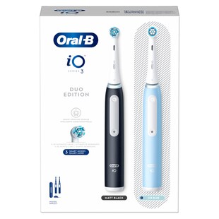 Oral-B iO Series 3 Elektrische Zahnbürste/Electric Toothbrush, Doppelpack, 2 Aufsteckbürsten, 3 Putzmodi für Zahnpflege, Magnet-Technologie, Reiseetui, TESTSIEGER Stiftung Warentest (12/2024), Matt Black/Ice Blue 