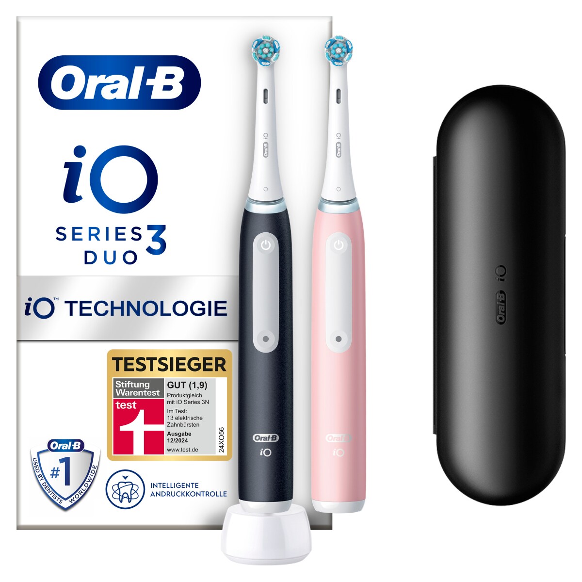 Oral-B iO Series 3 Elektrische Zahnb&uuml;rste/Electric Toothbrush, Doppelpack, 2 Aufsteckb&uuml;rsten, 3 Putzmodi f&uuml;r Zahnpflege, Magnet-Technologie, Reiseetui, TESTSIEGER Stiftung Warentest (12/2024), Matt Black/Blush Pink 