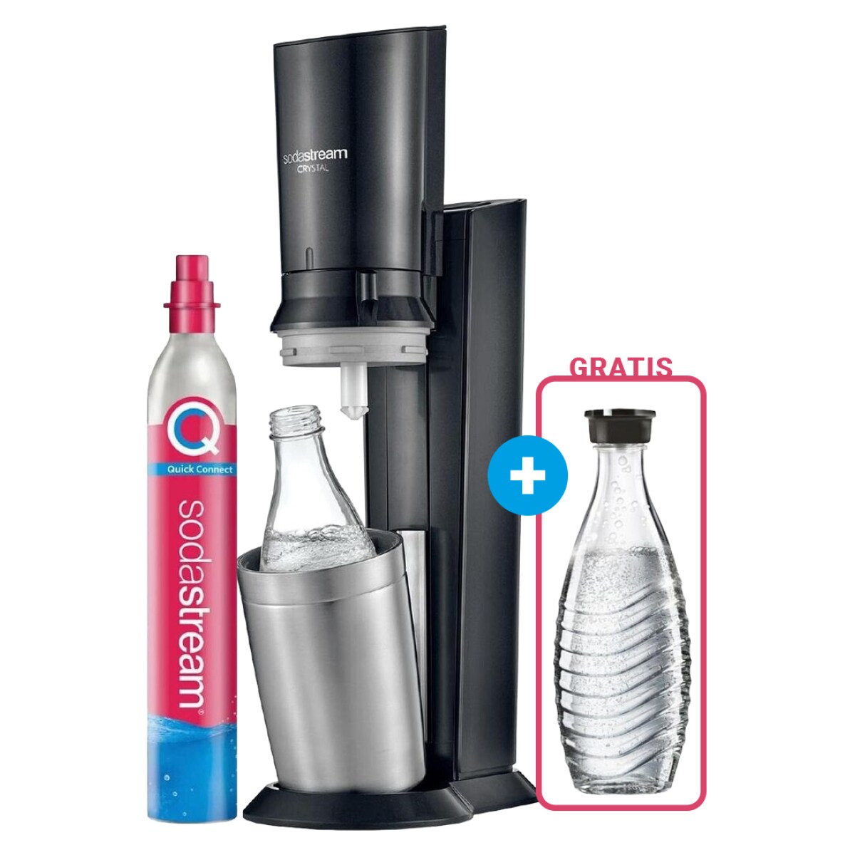 SodaStream Crystal 3.0 Titan Wassersprudler mit QC CO2-Zylinder und 1x Glaskaraffe + 1 GRATIS Glaskaraffe
